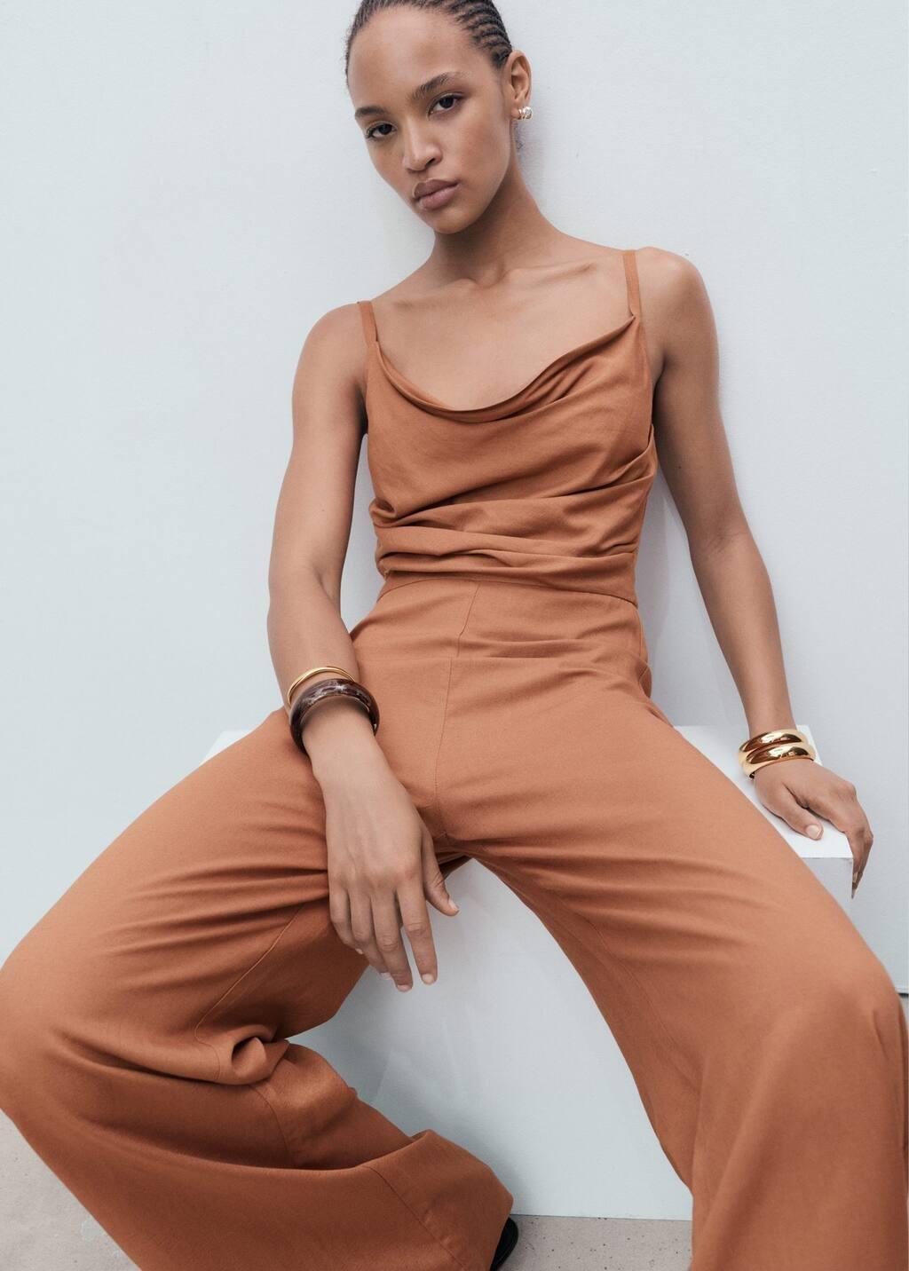 Brown Long Jumpsuit With Draped Neckline, Brown, large image number 3