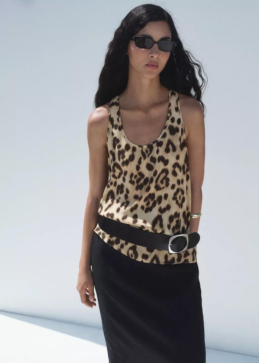 LIGHT BEIGE Leopard-print low-cut top, , large image number 1