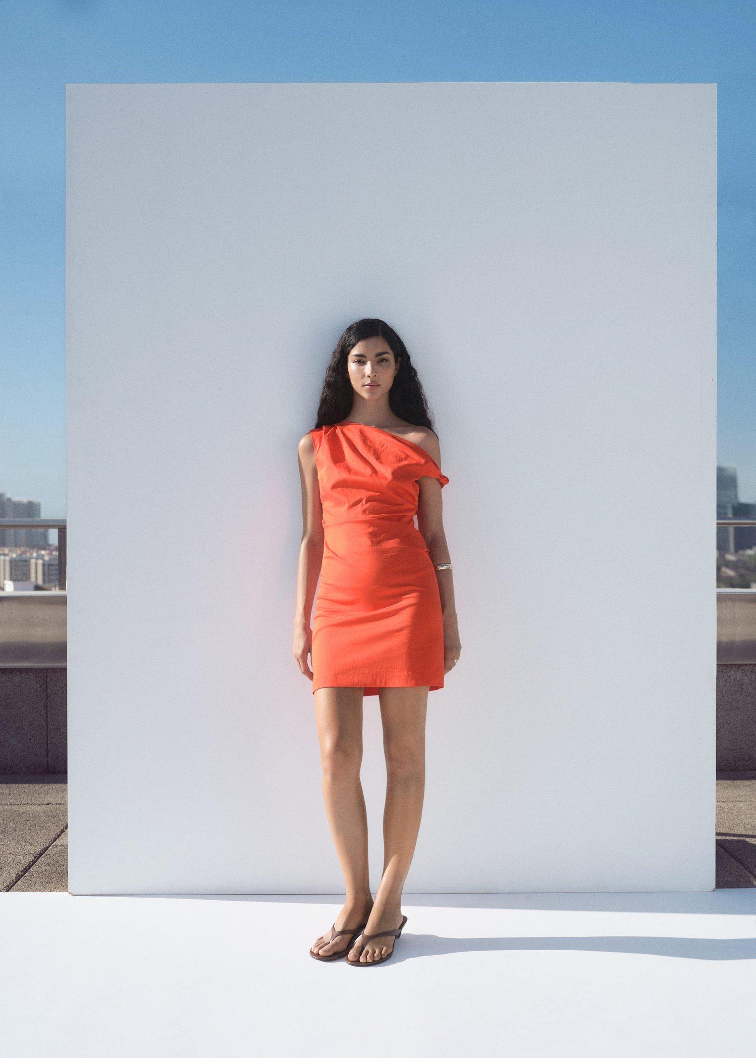 Red Short Dress With Asymmetrical Neckline, , large image number 0