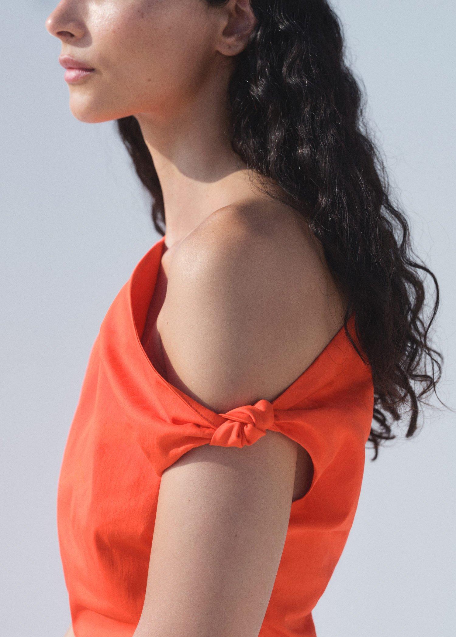 Red Short Dress With Asymmetrical Neckline, , large image number 6