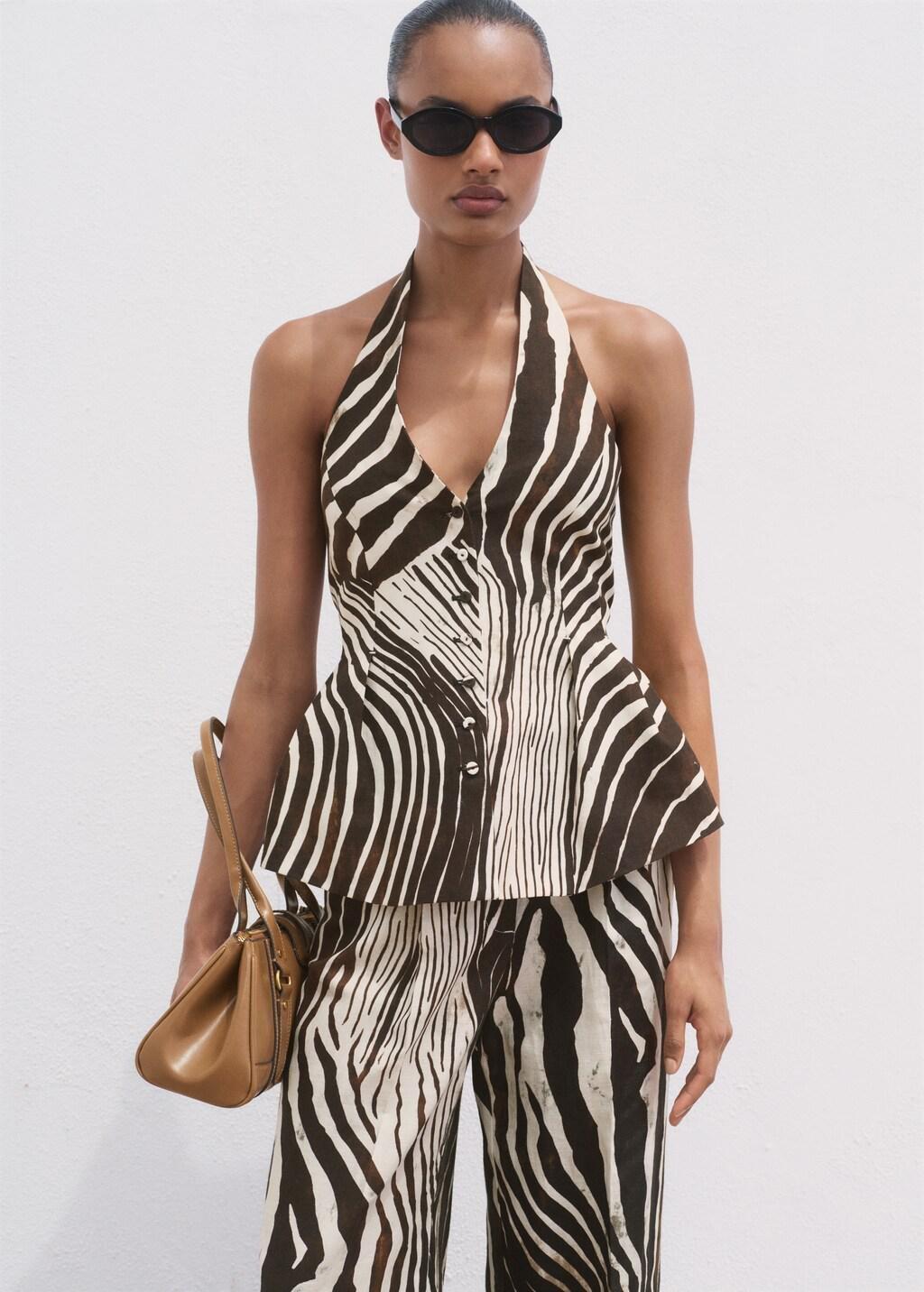 Brown Zebra-Print Linen Waistcoat, Dark Brown, large image number 7