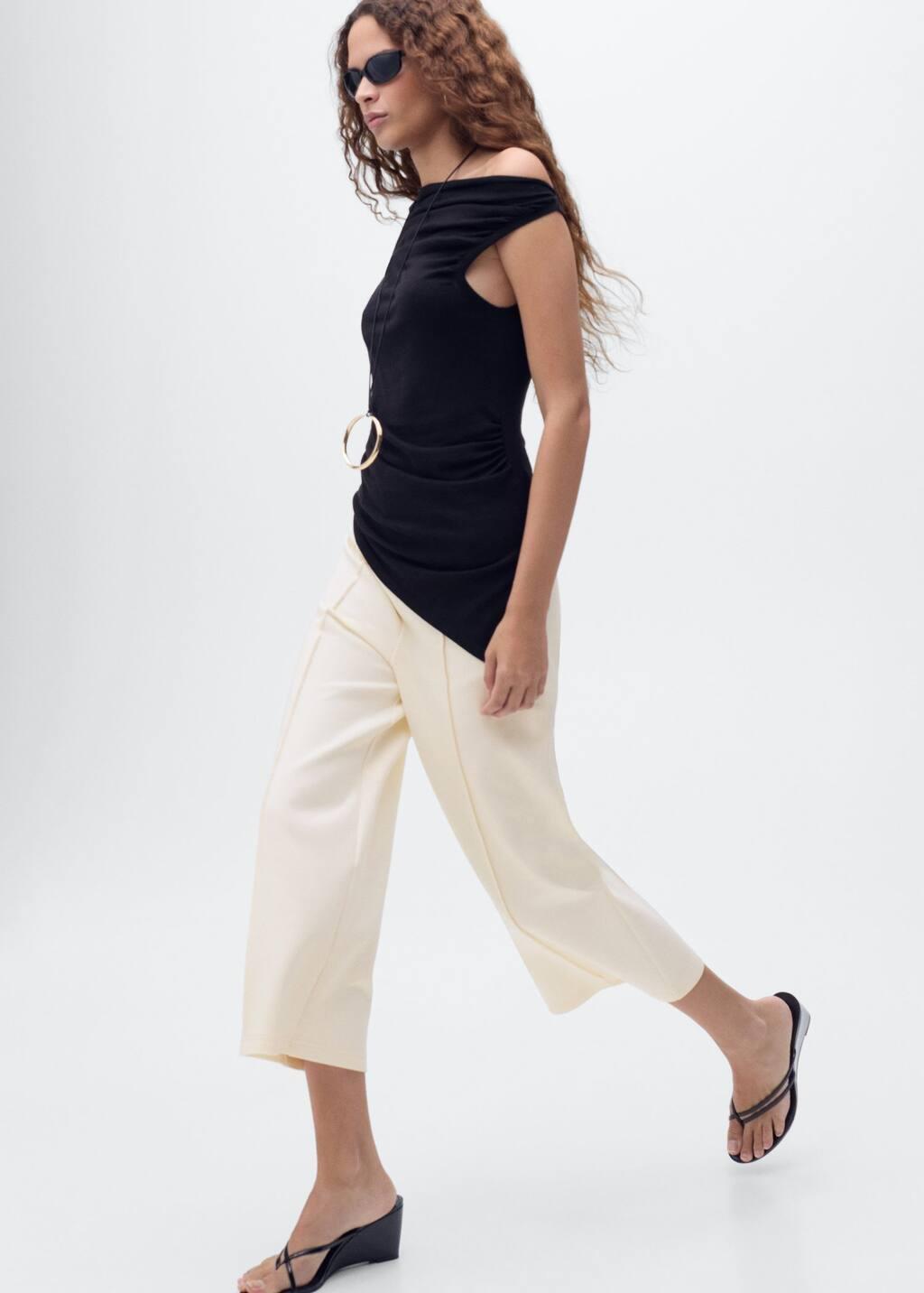 White Cotton Cropped Pants, Light Beige, large image number 2