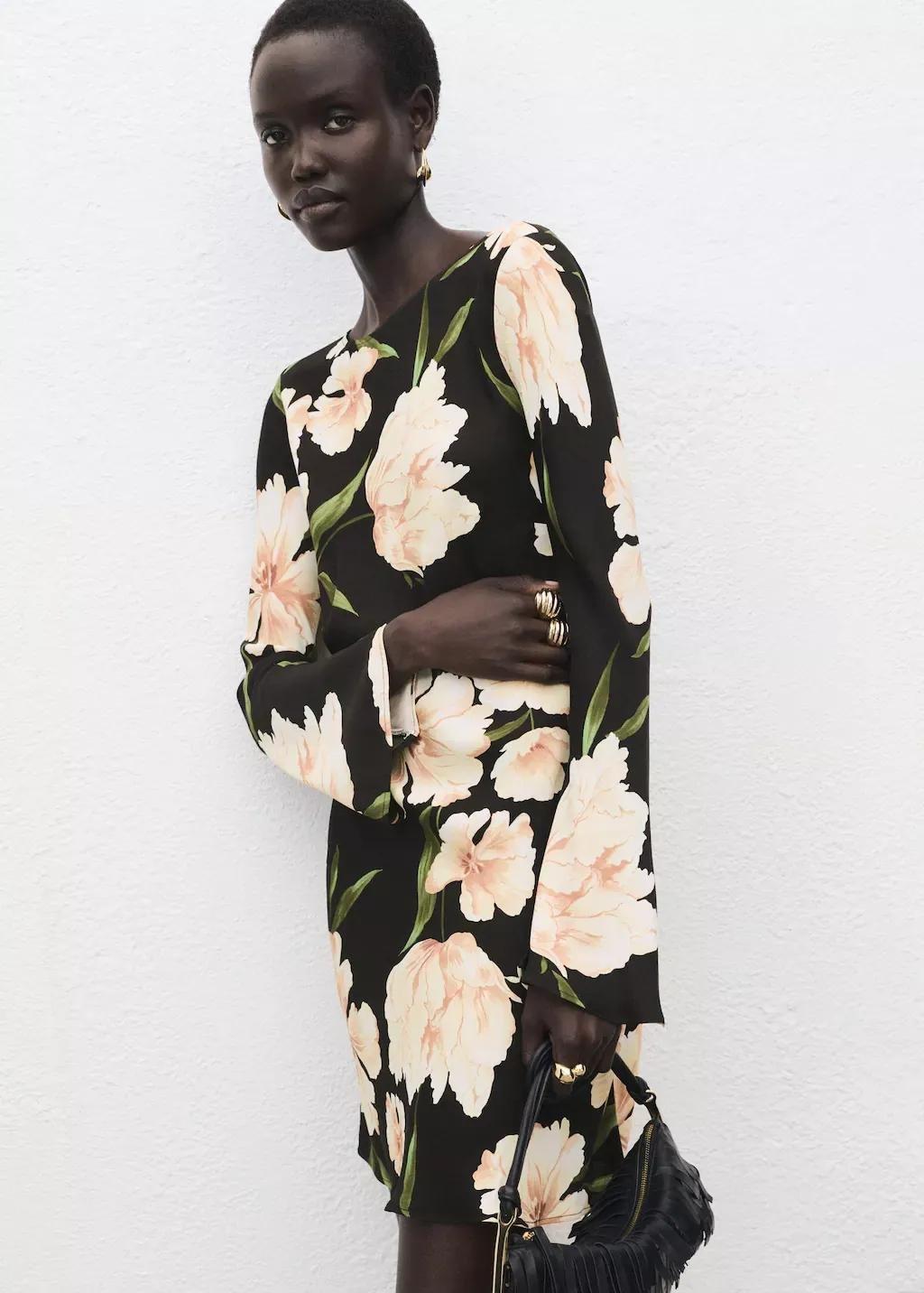 BLACK Floral print flared sleeve dress, , large image number 0