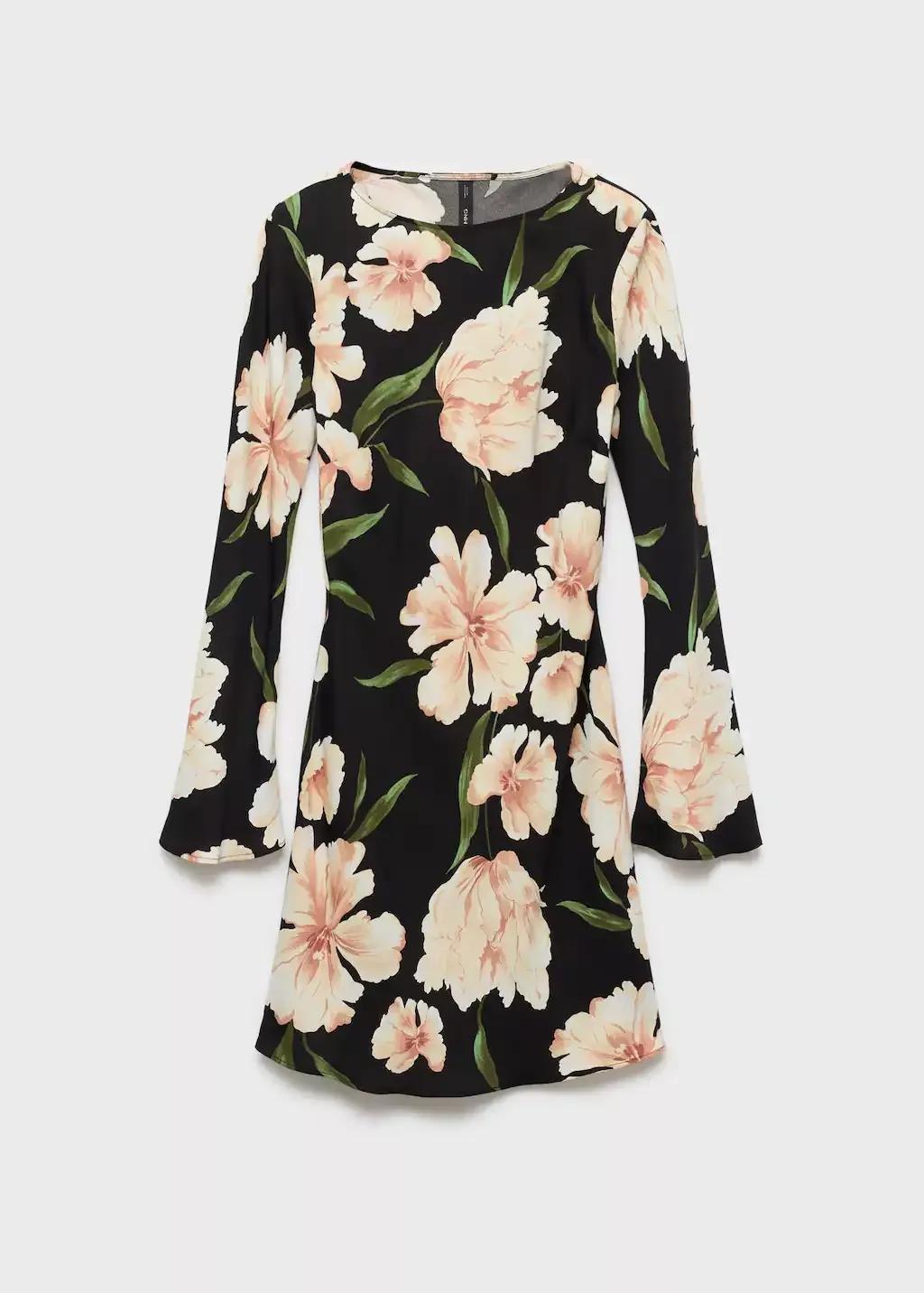 BLACK Floral print flared sleeve dress, , large image number 3