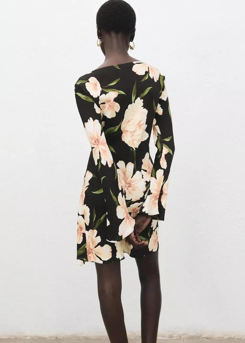 BLACK Floral print flared sleeve dress, , large image number 4