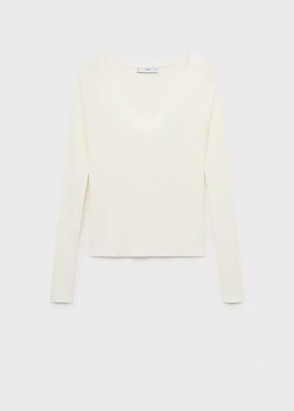 Beige V-Neck Ribbed Knit Sweater, , large image number 0