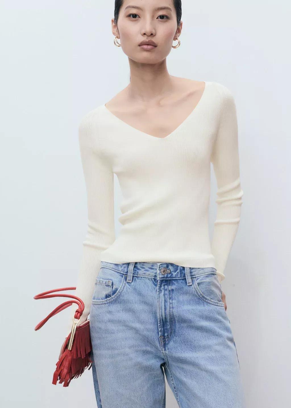 Beige V-Neck Ribbed Knit Sweater, , large image number 1