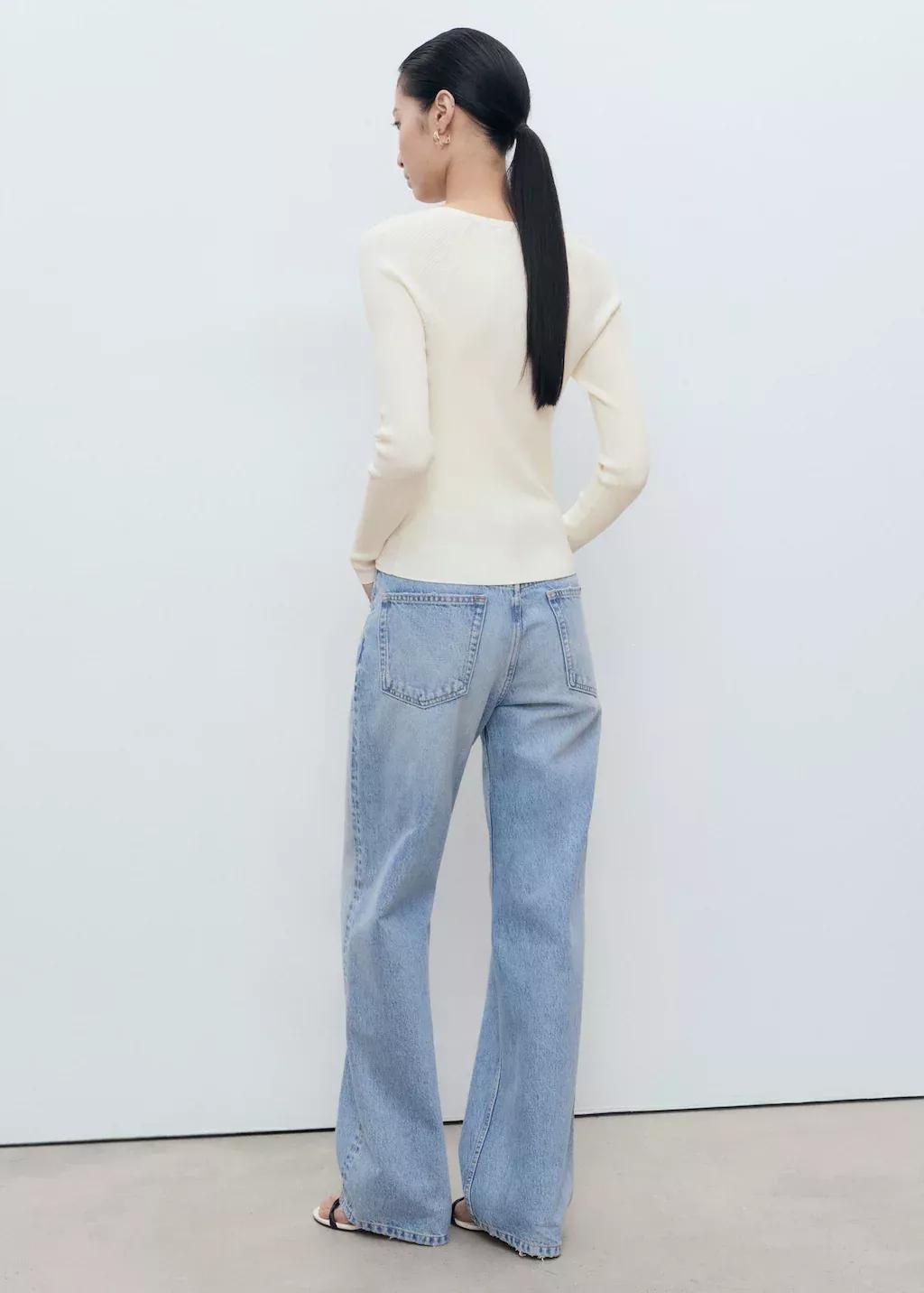 Beige V-Neck Ribbed Knit Sweater, 0201_05, large image number 4