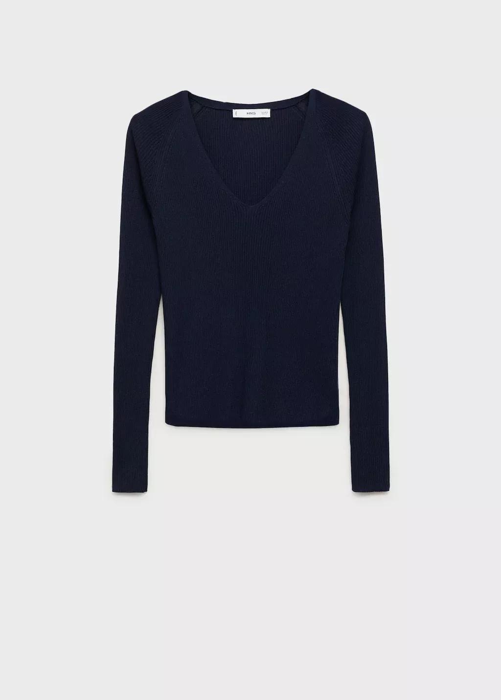 Navy V-Neck Ribbed Knit Sweater, 0201_56, medium