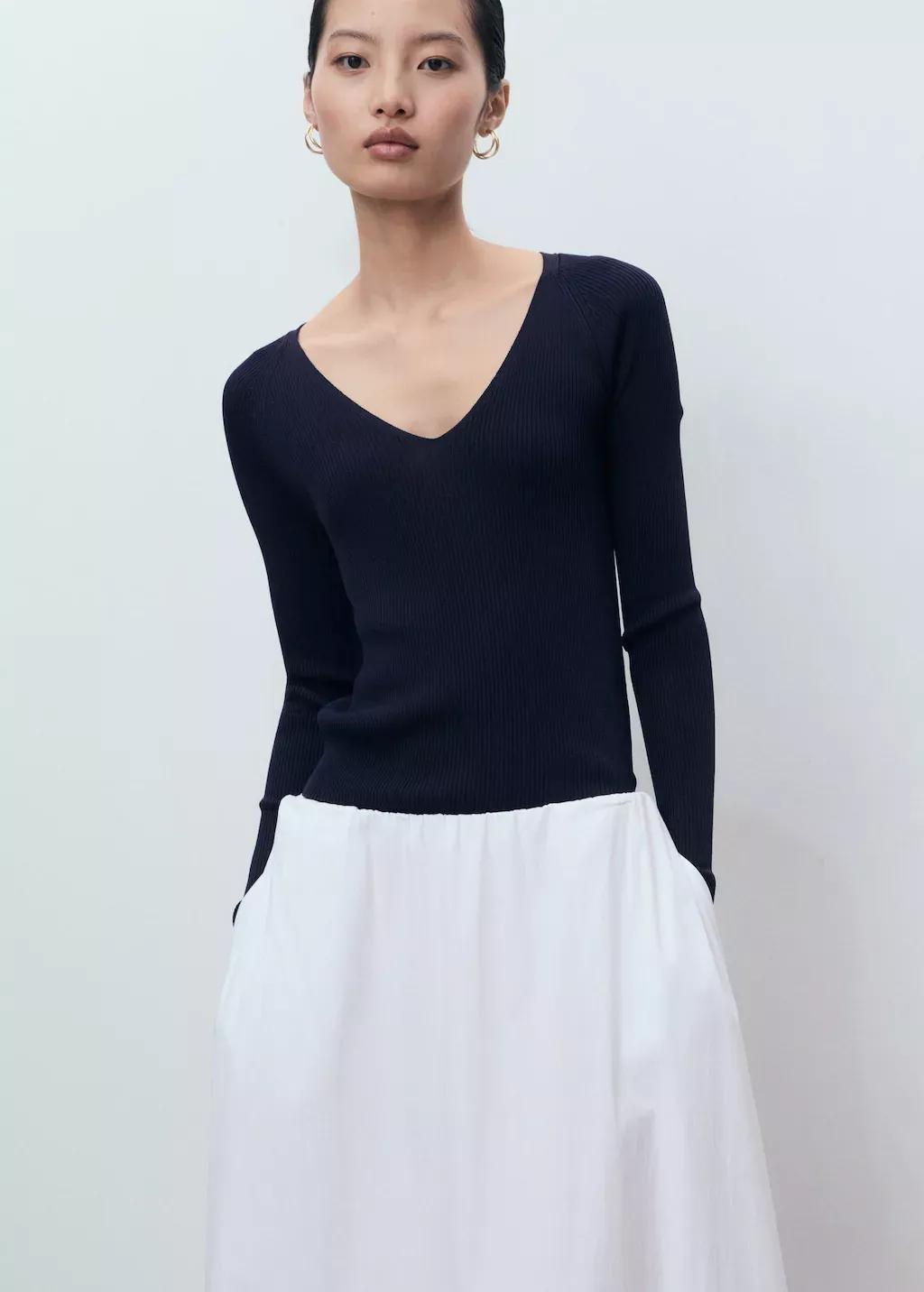 Navy V-Neck Ribbed Knit Sweater, 0201_56, large image number 1