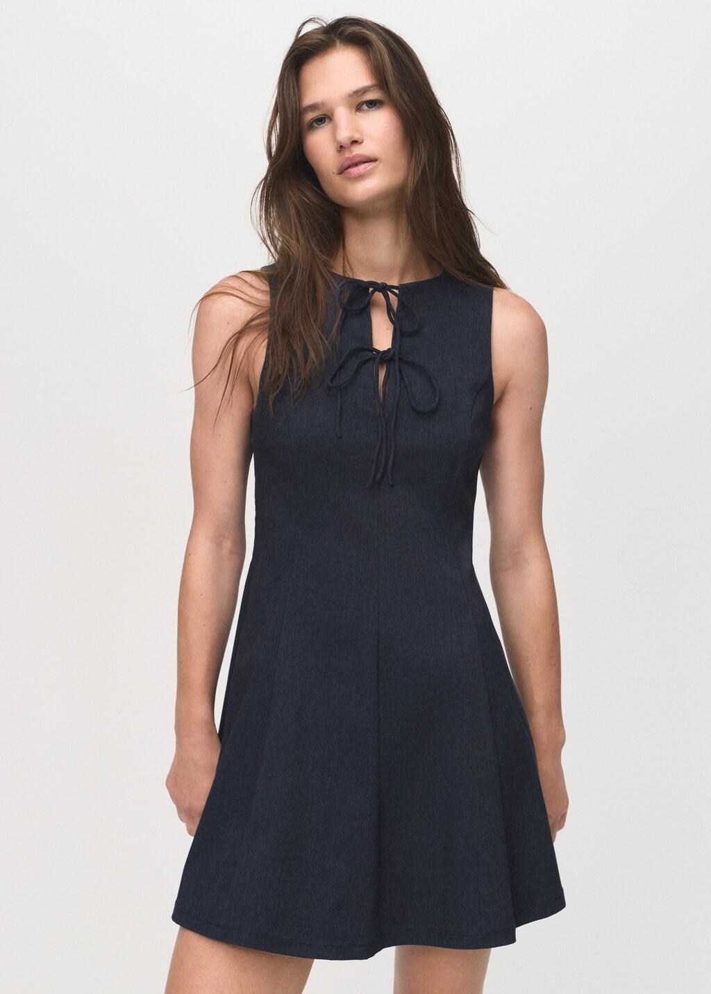 Blue Denim-Effect Dress With Bows, , large image number 7
