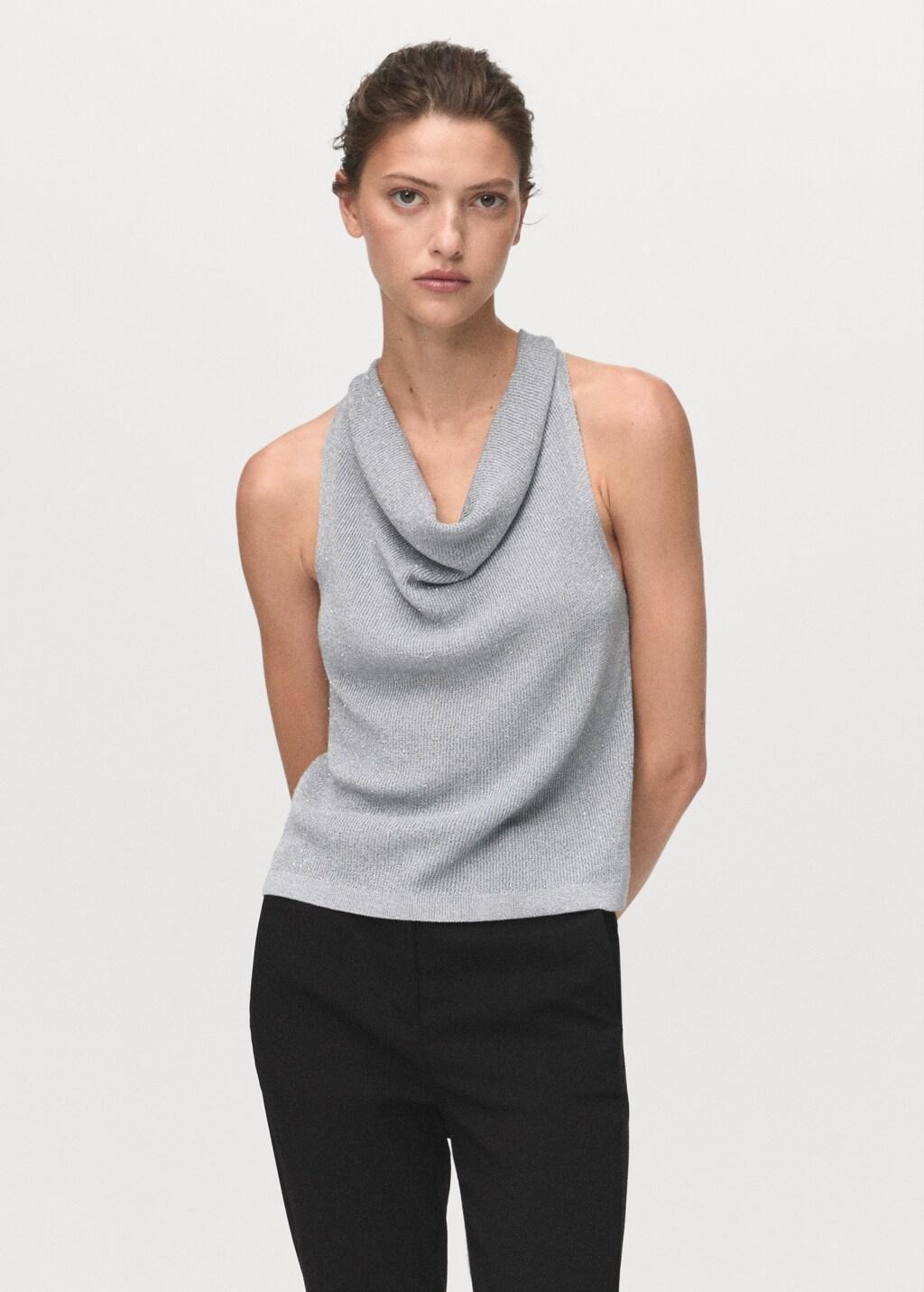SILVER Lurex knitted top with draped neck, , large image number 3
