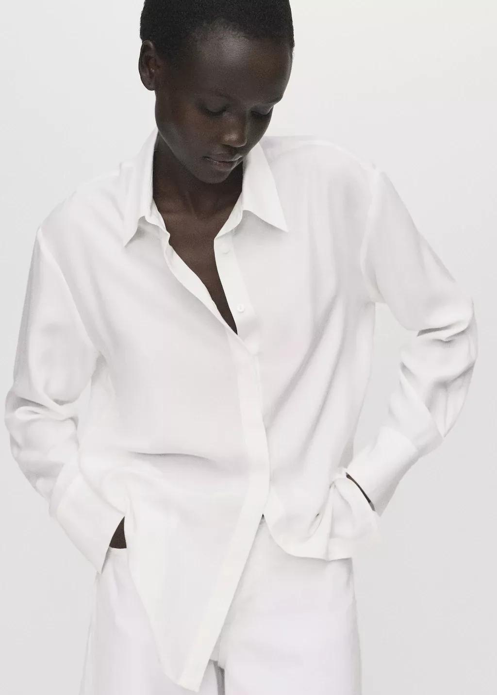 White Lyocell Shirt With Hidden Buttons, Natural White, medium