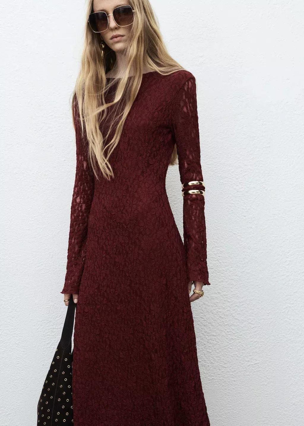 Red Lace Dress With Bell Sleeves, Dark Red, medium