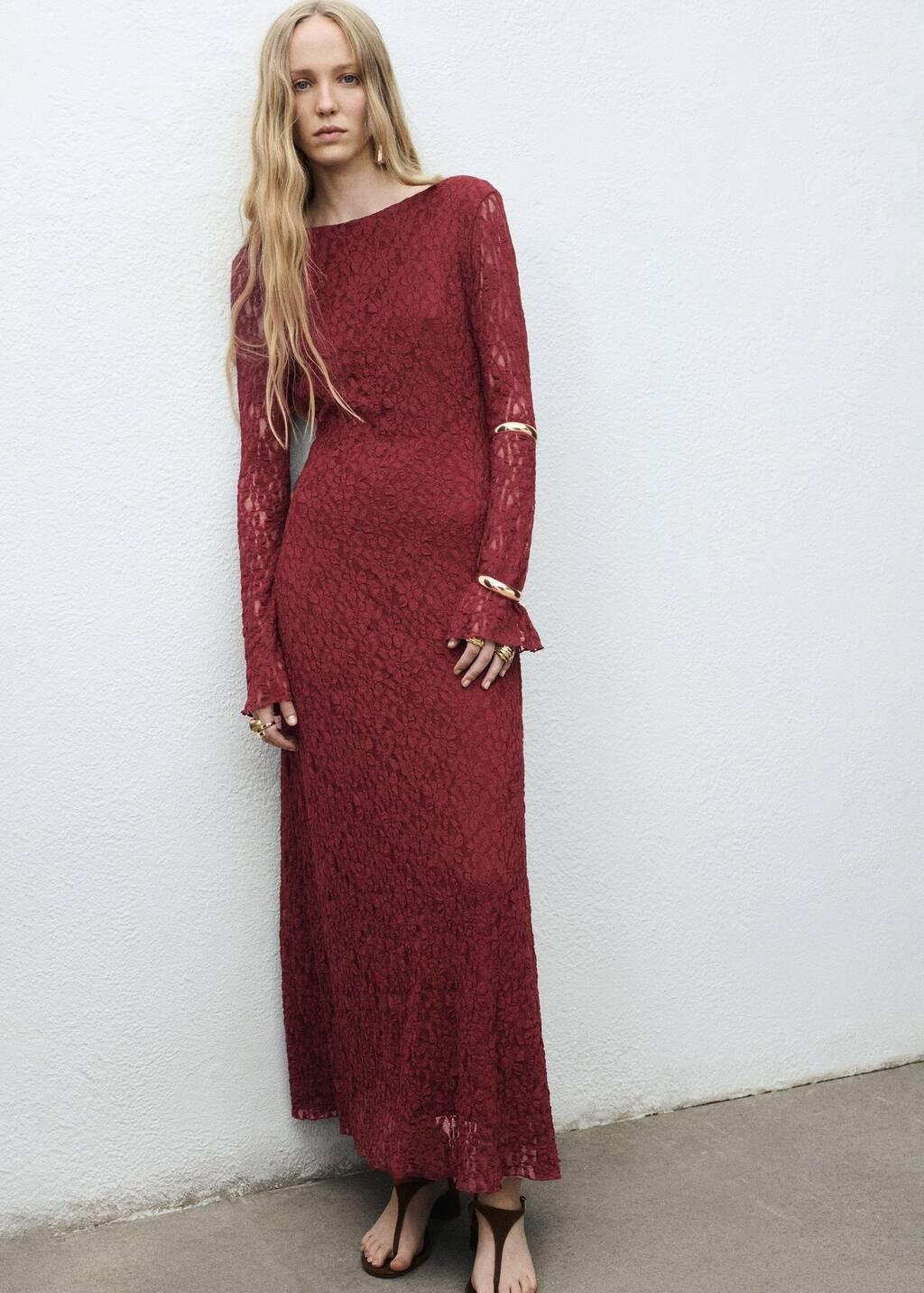Red Lace Dress With Bell Sleeves, Dark Red, large image number 2