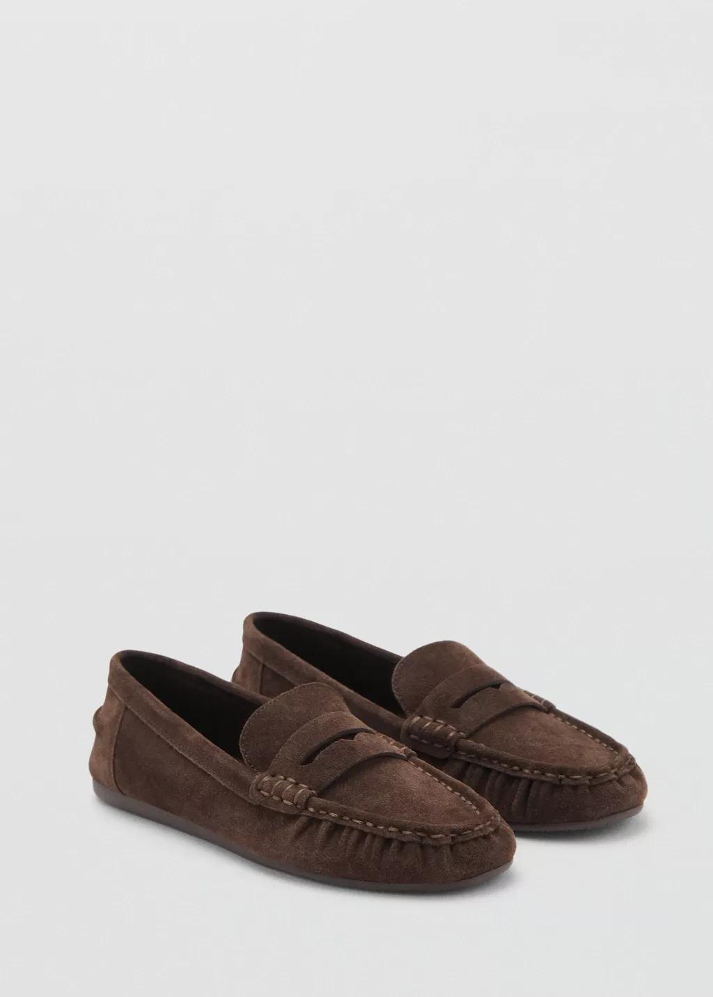 Brown Suede Penny Loafers, Dark Brown, large image number 1