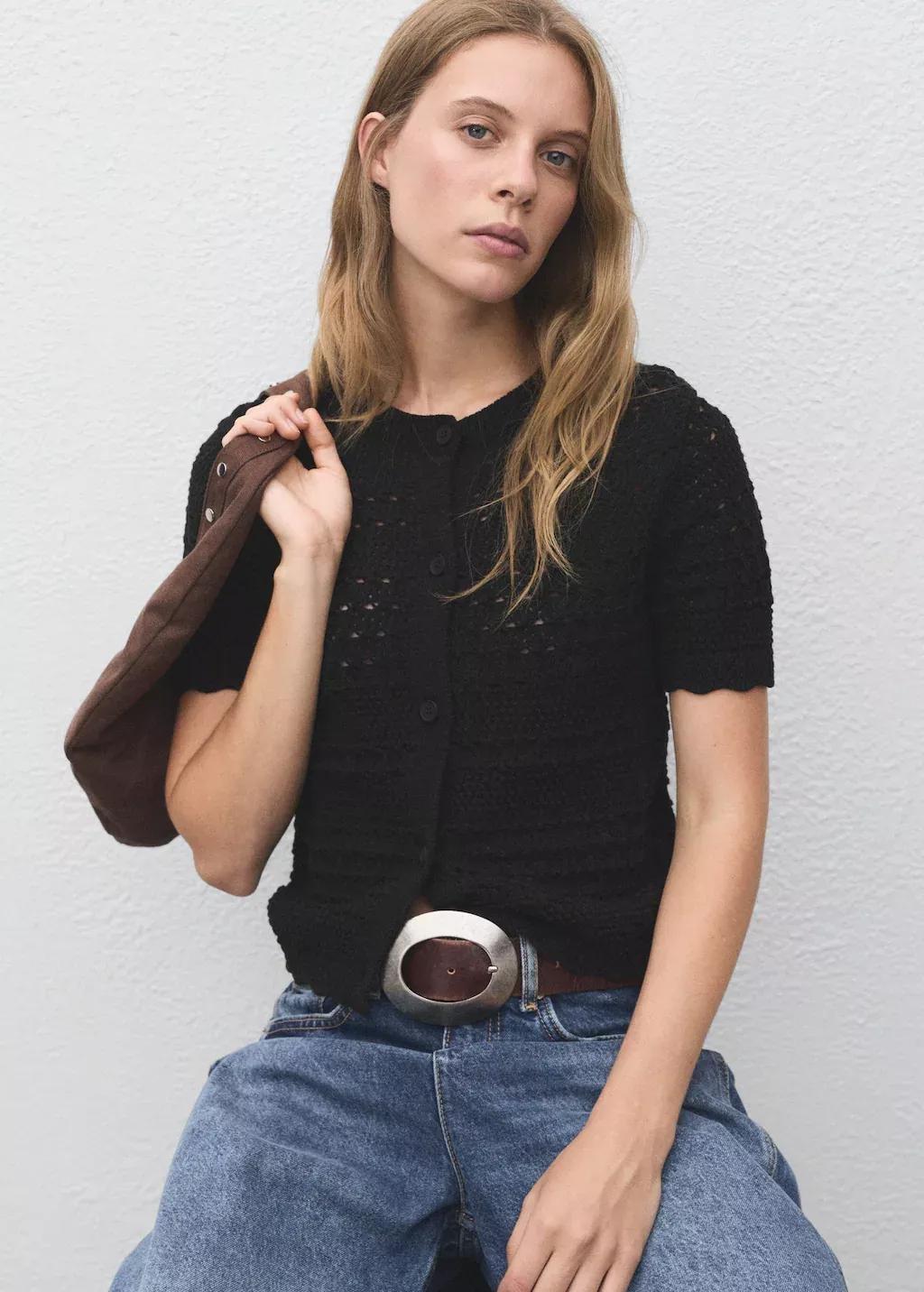 BLACK Short-sleeved crochet cardigan, Black, medium
