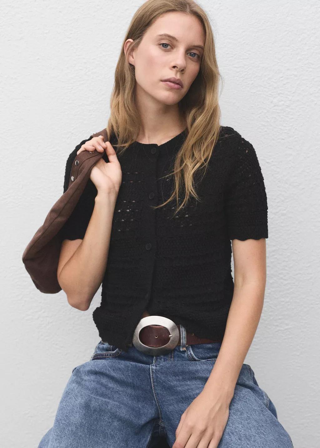 Black Short-Sleeved Crochet Cardigan, , large image number 3