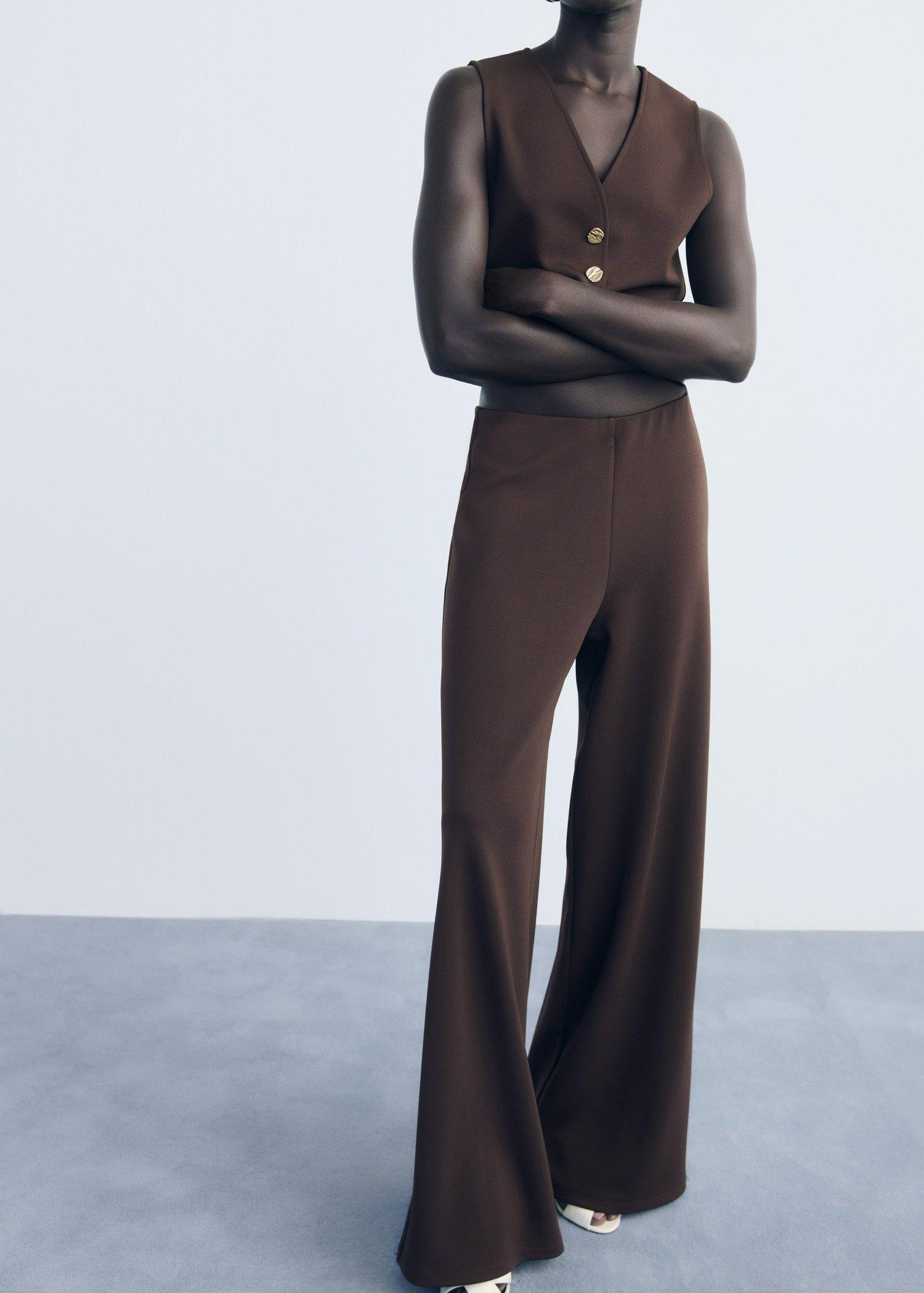 Brown Straight-Fit Trousers With Elastic Waist, Brown, medium