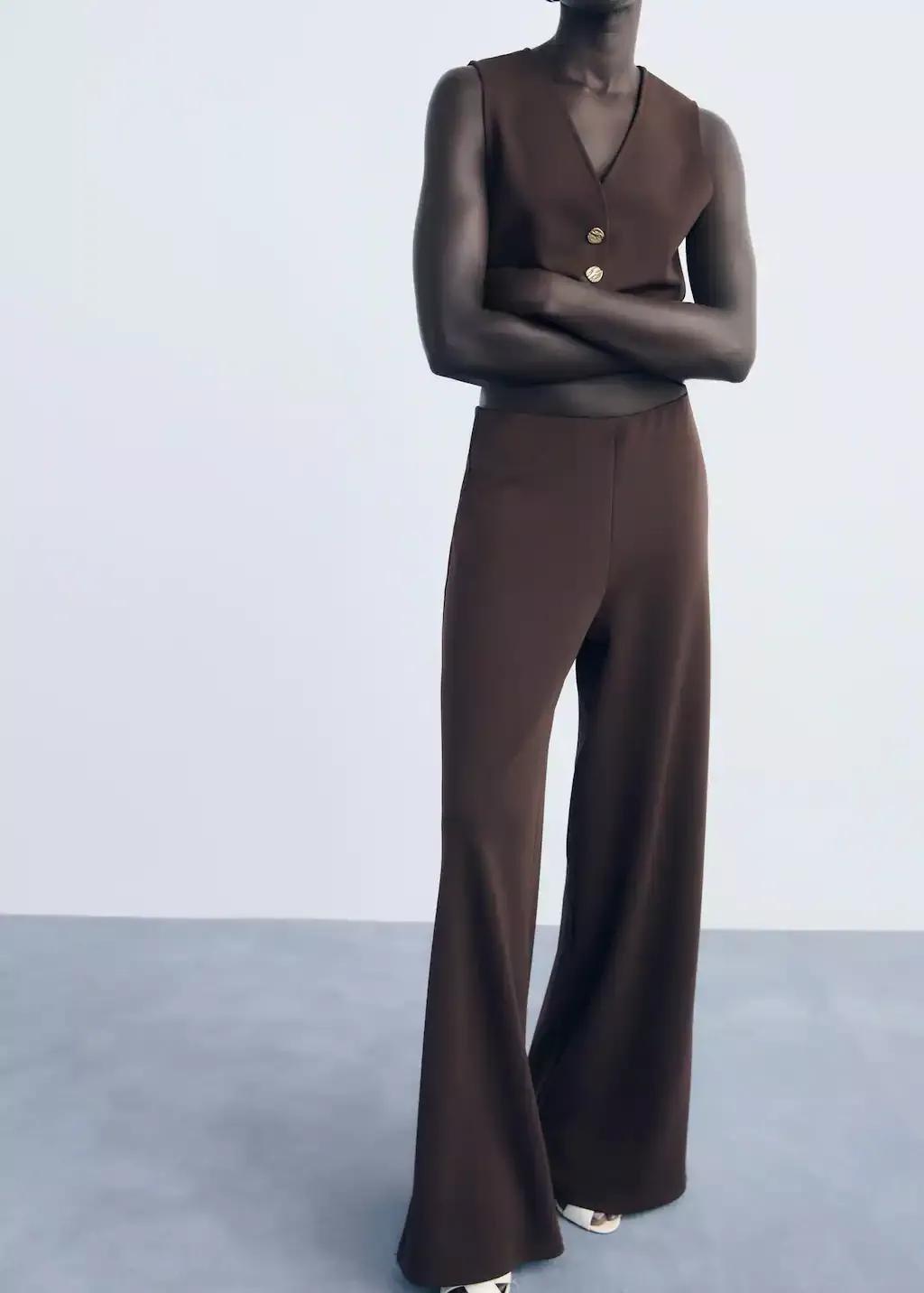Brown Straight-Fit Trousers With Elastic Waist, Brown, large image number 1