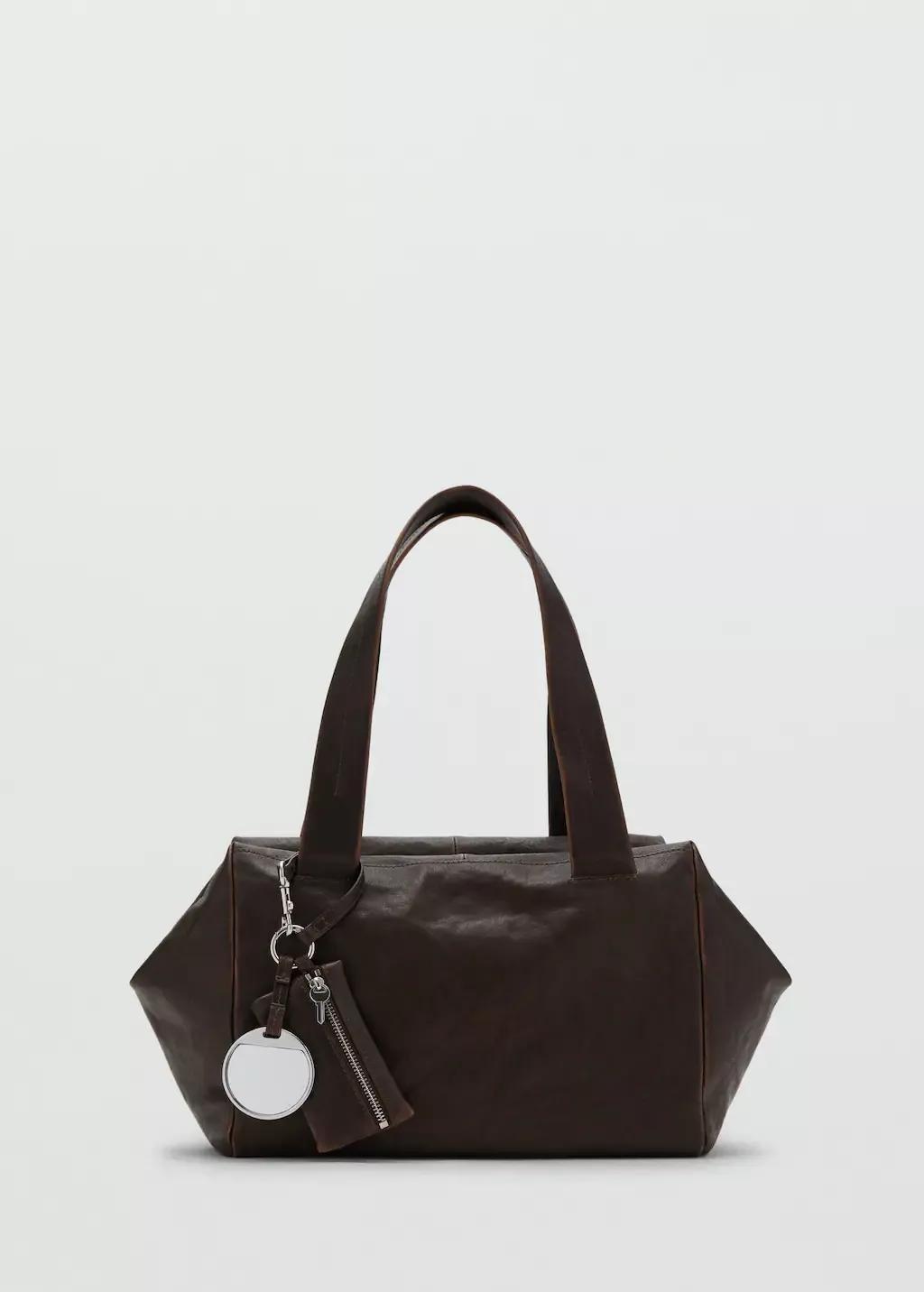 Brown Leather Shoulder Bag With Charms, Dark Brown, large image number 3