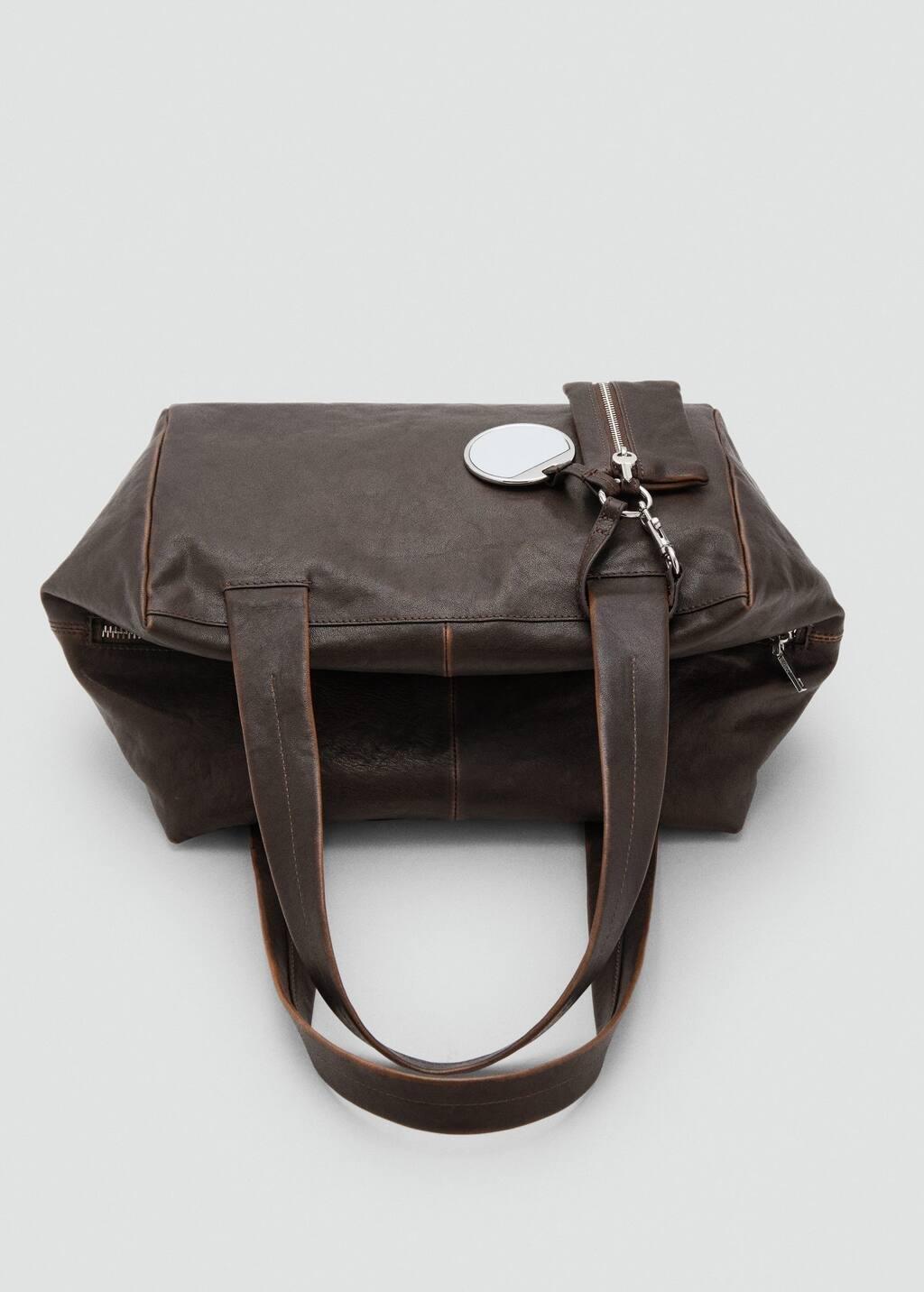 Brown Leather Shoulder Bag With Charms, Dark Brown, large image number 5