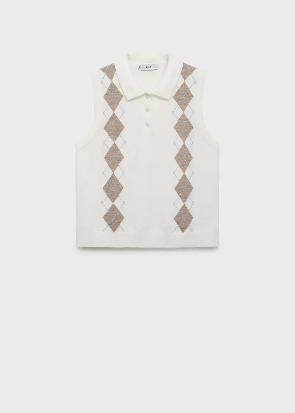 Beige Diamond-Print Polo-Neck Vest, , large image number 3