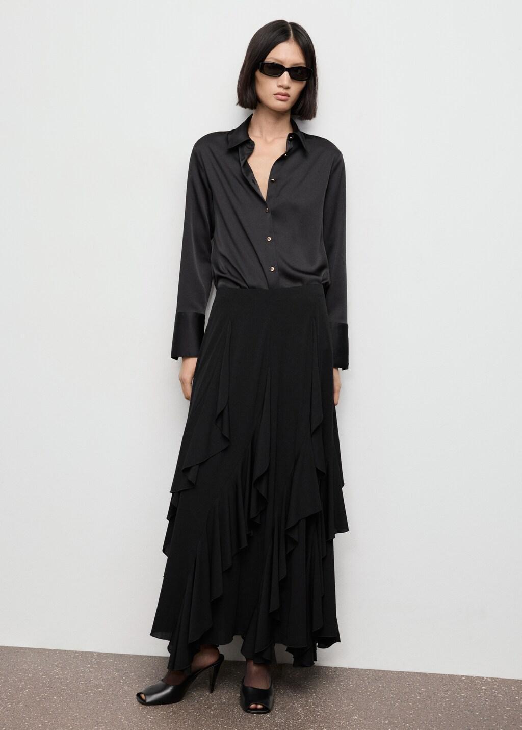 Black Satin Finish Flowy Shirt, Black, medium