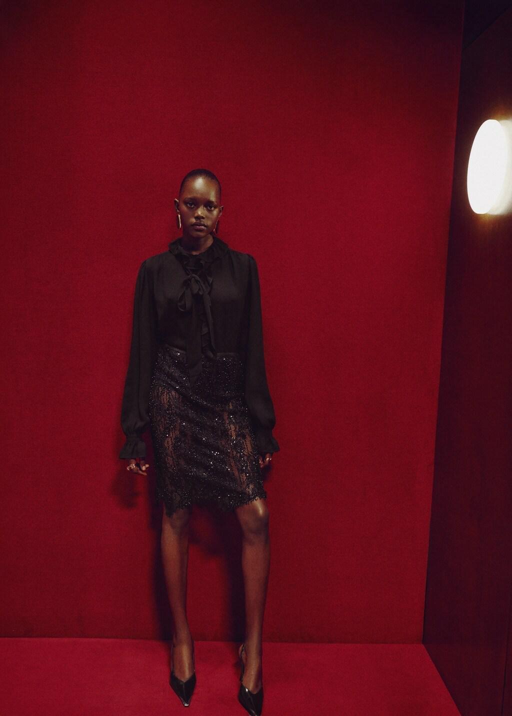 BLACK Ruffled blouse with scarf, Black, large image number 0