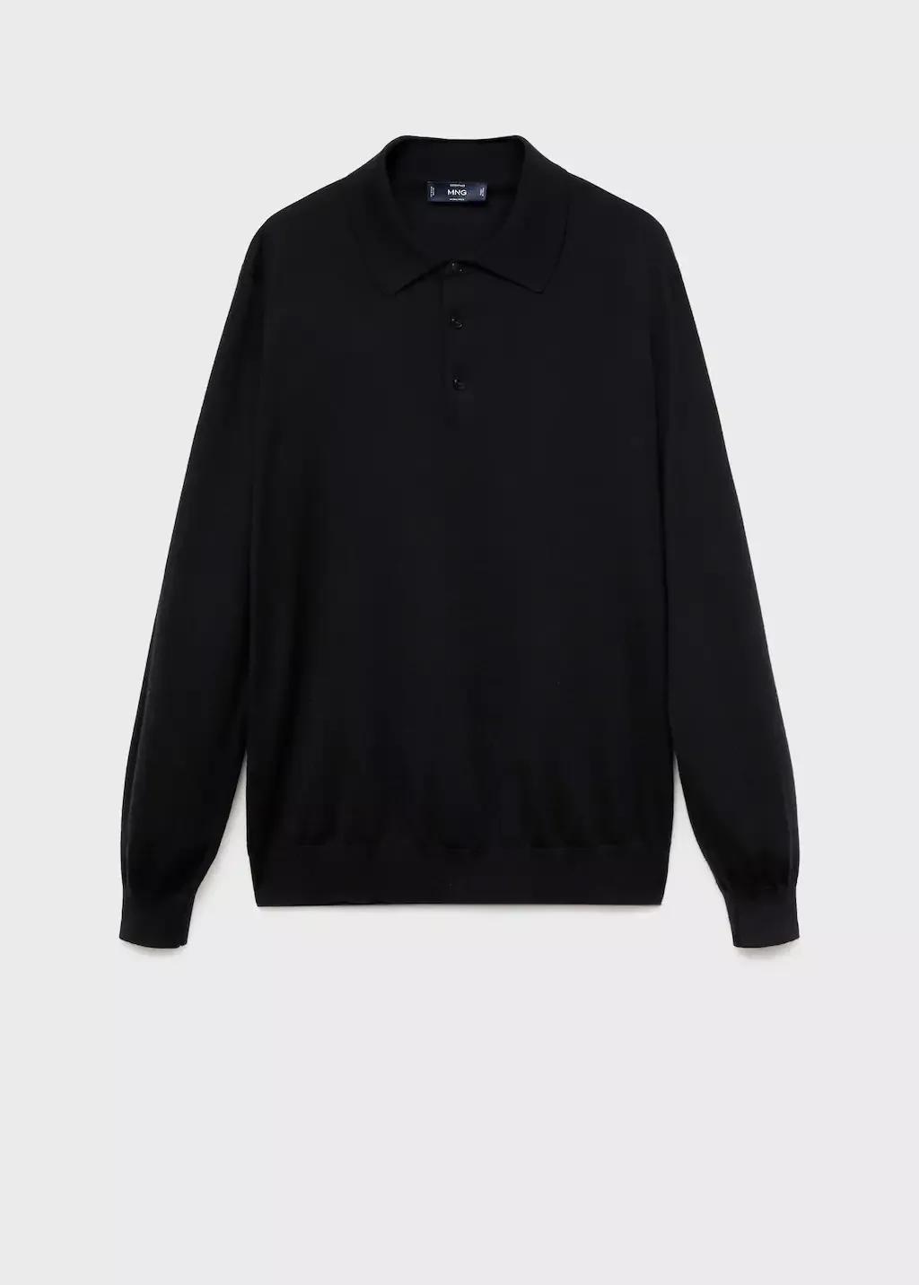 Black Merino Wool Polo Sweater, Black, medium