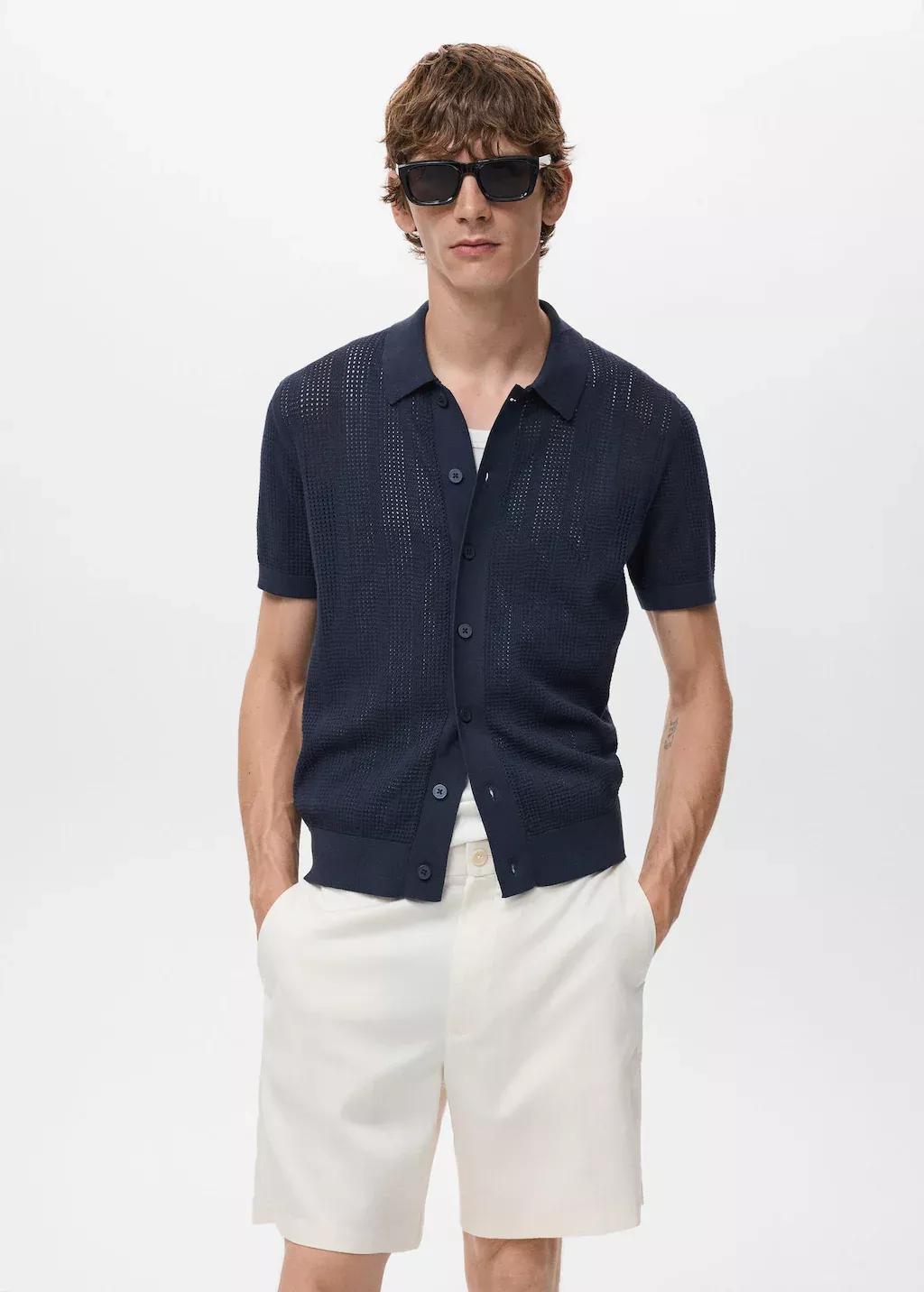 Navy Striped Openwork Knitted Shirt, Navy, large image number 0