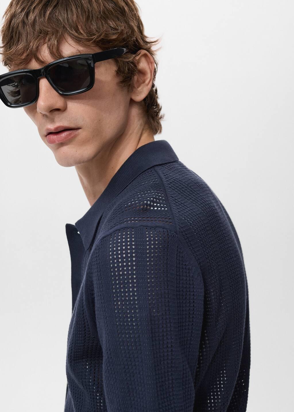 Navy Striped Openwork Knitted Shirt, Navy, large image number 1