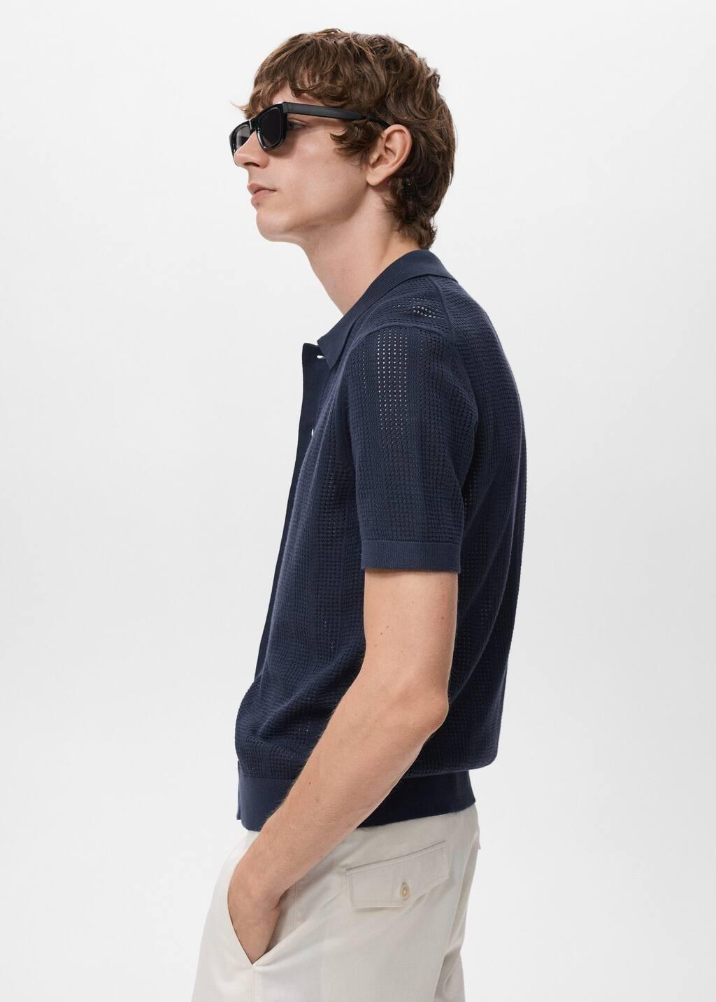 Navy Striped Openwork Knitted Shirt, Navy, large image number 2