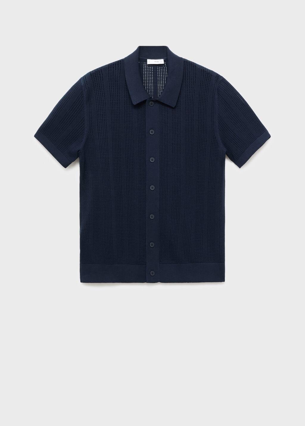 Navy Striped Openwork Knitted Shirt, Navy, large image number 3