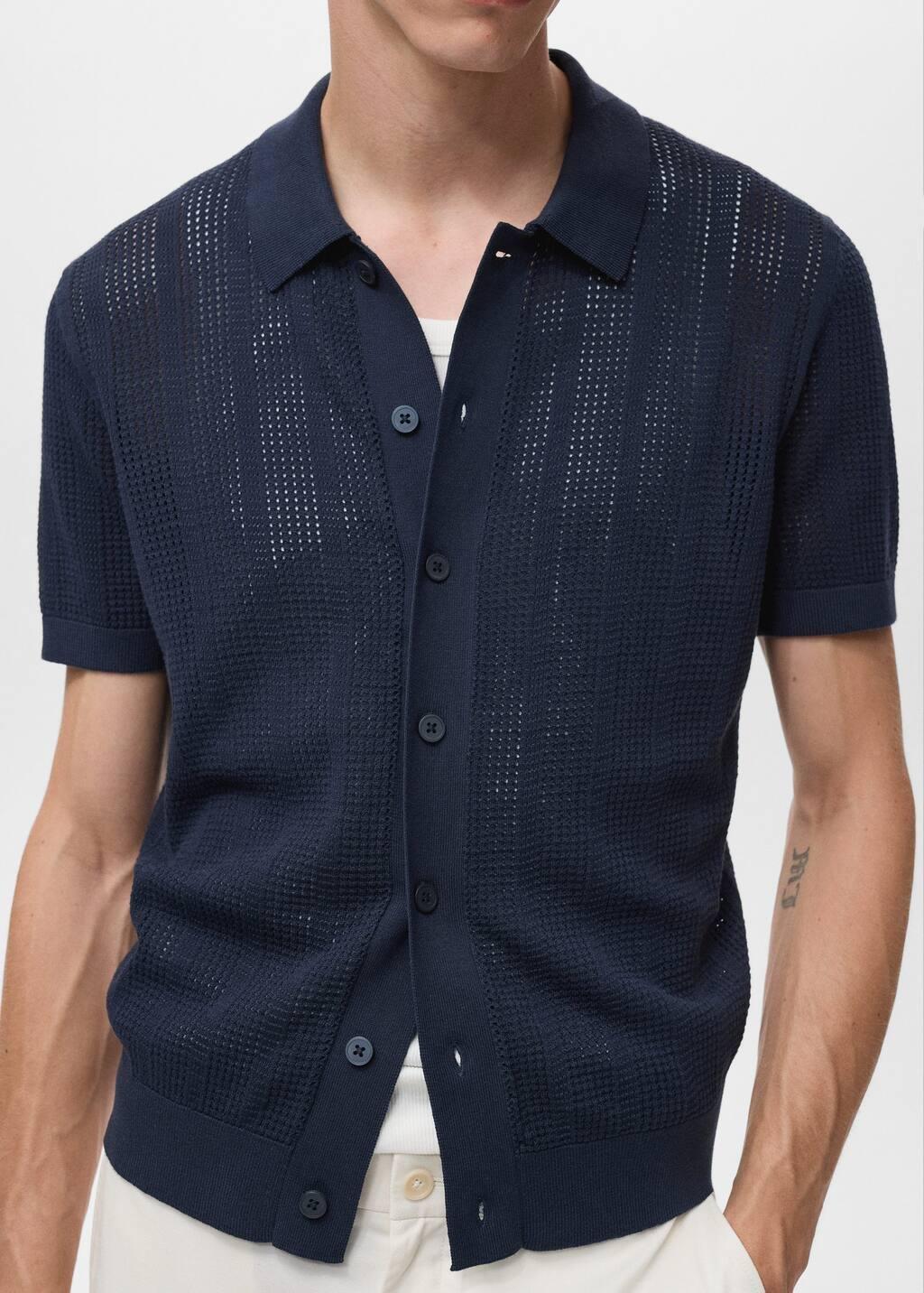 Navy Striped Openwork Knitted Shirt, Navy, large image number 4