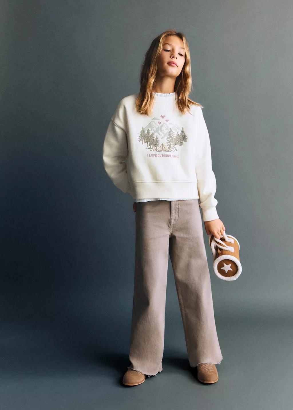 White Embroidered Cotton Sweatshirt, Kids Girl, Natural White, large image number 0