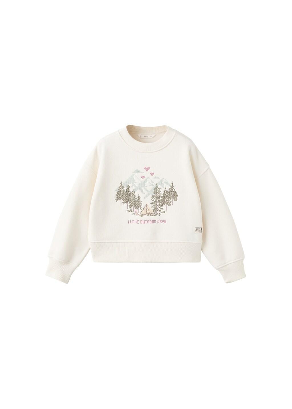 White Embroidered Cotton Sweatshirt, Kids Girl, Natural White, large image number 5