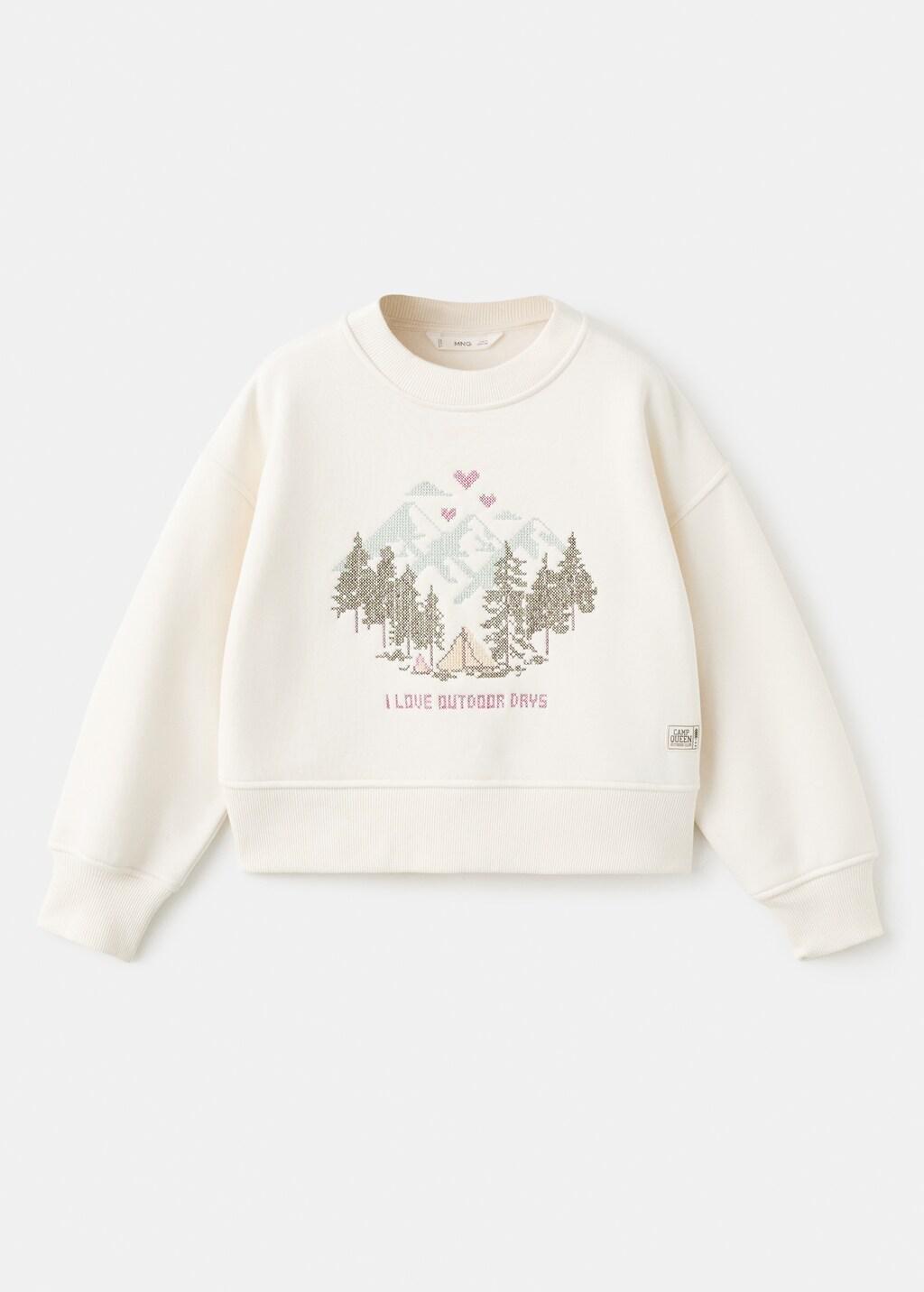 White Embroidered Cotton Sweatshirt, Kids Girl, Natural White, large image number 6