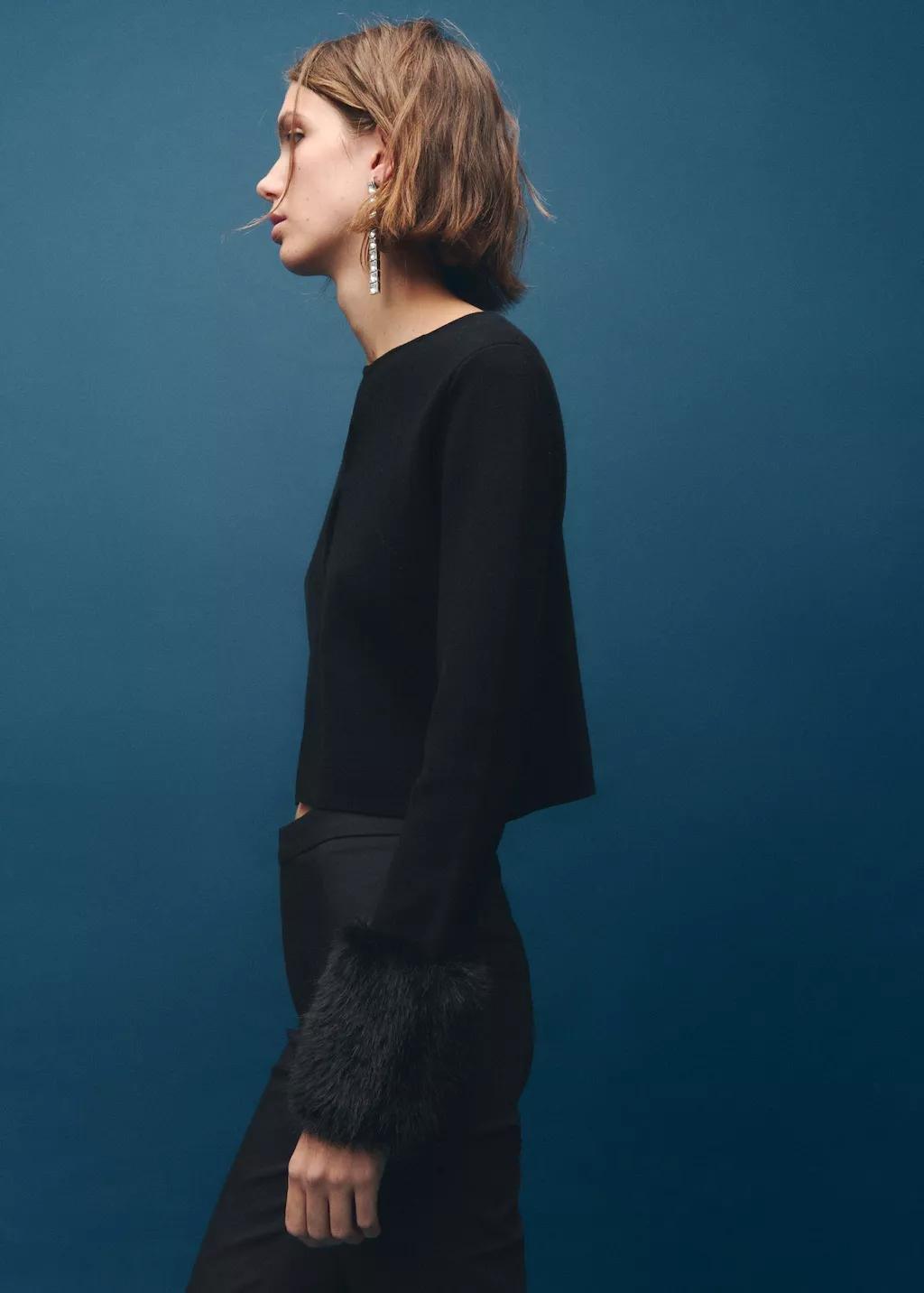 Black Cardigan With Faux-Fur Cuffs, Black, large image number 4