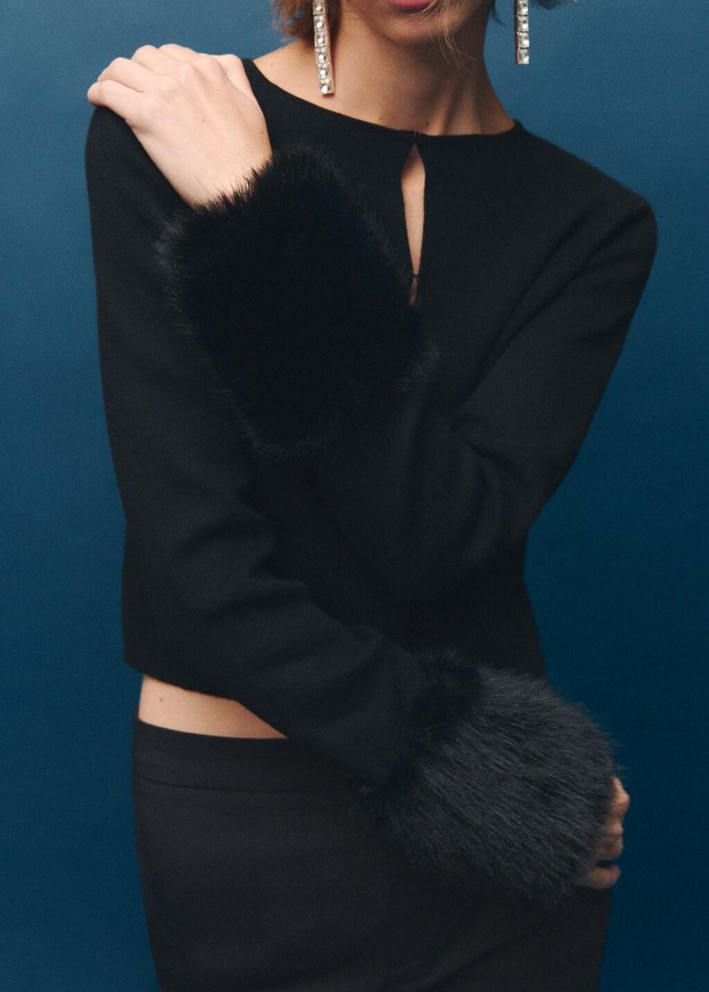Black Cardigan With Faux-Fur Cuffs, Black, large image number 6