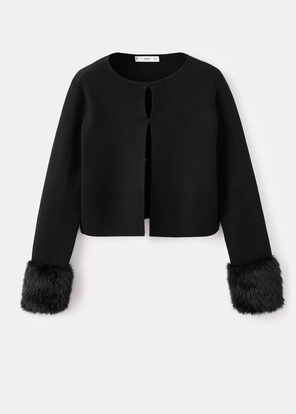 Black Cardigan With Faux-Fur Cuffs, Black, large image number 7