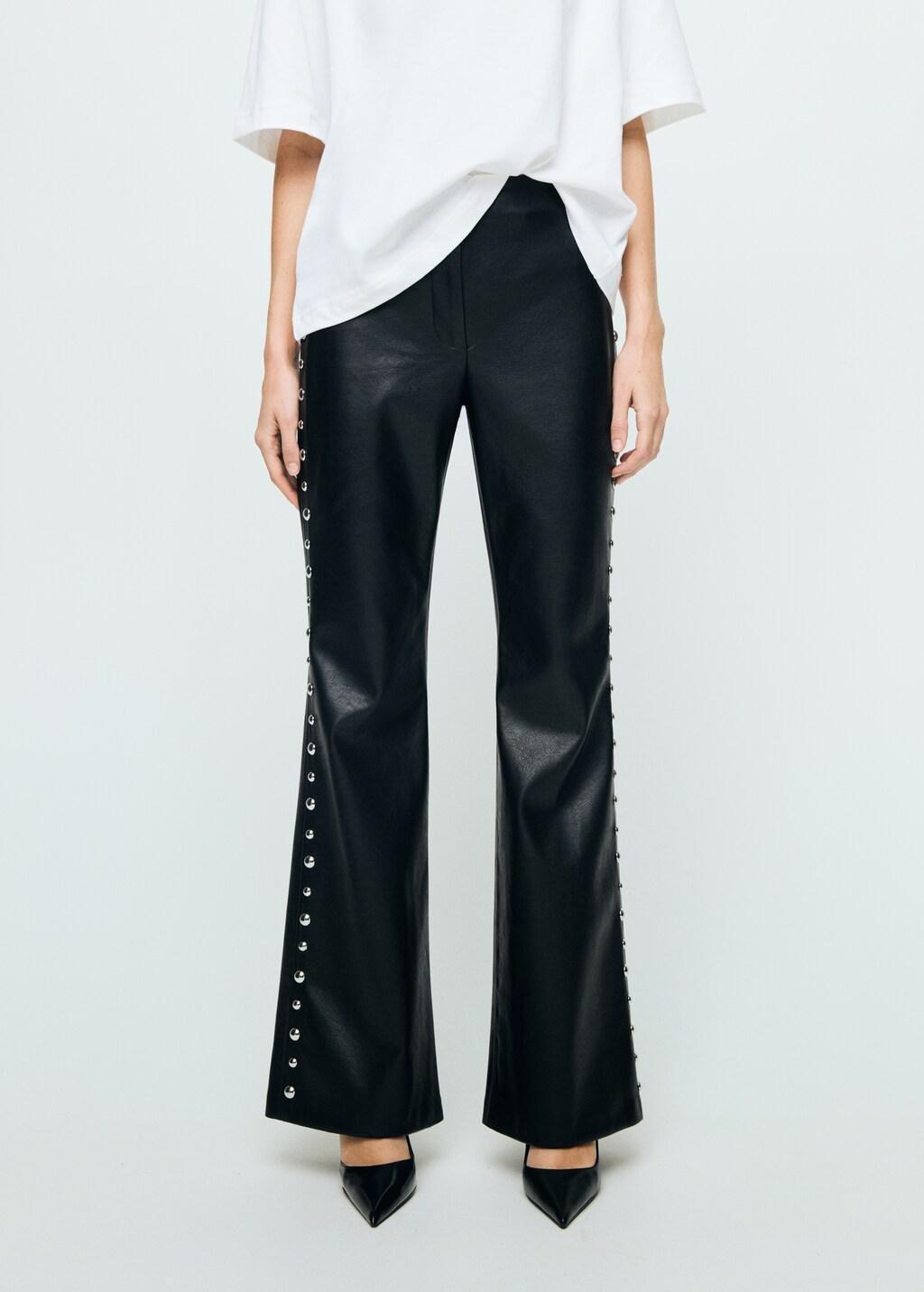 Black Studded Faux-Leather Trousers, Black, large image number 3