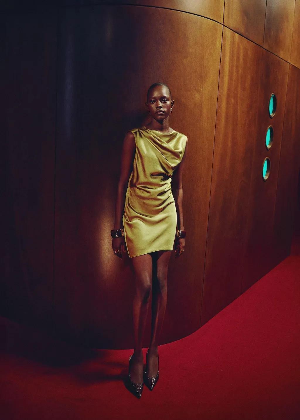 Yellow Open-Back Satin-Effect Dress, Bright Yellow, medium