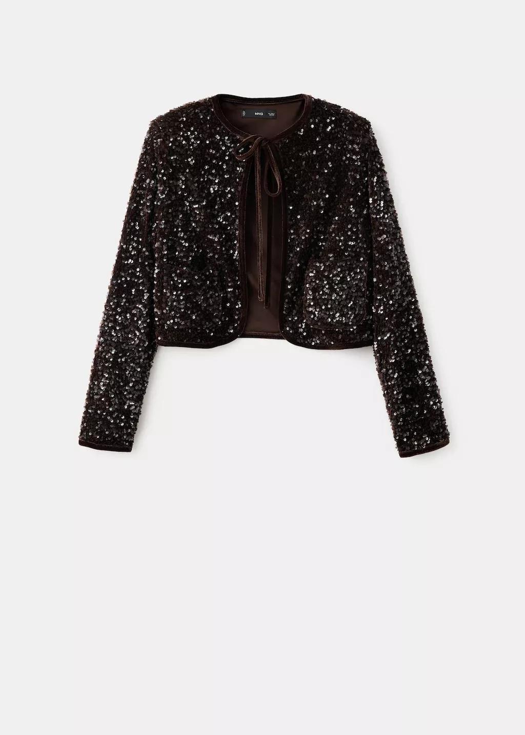 Brown Velvet Jacket With Sequins And Bow, 0201_32, large image number 7