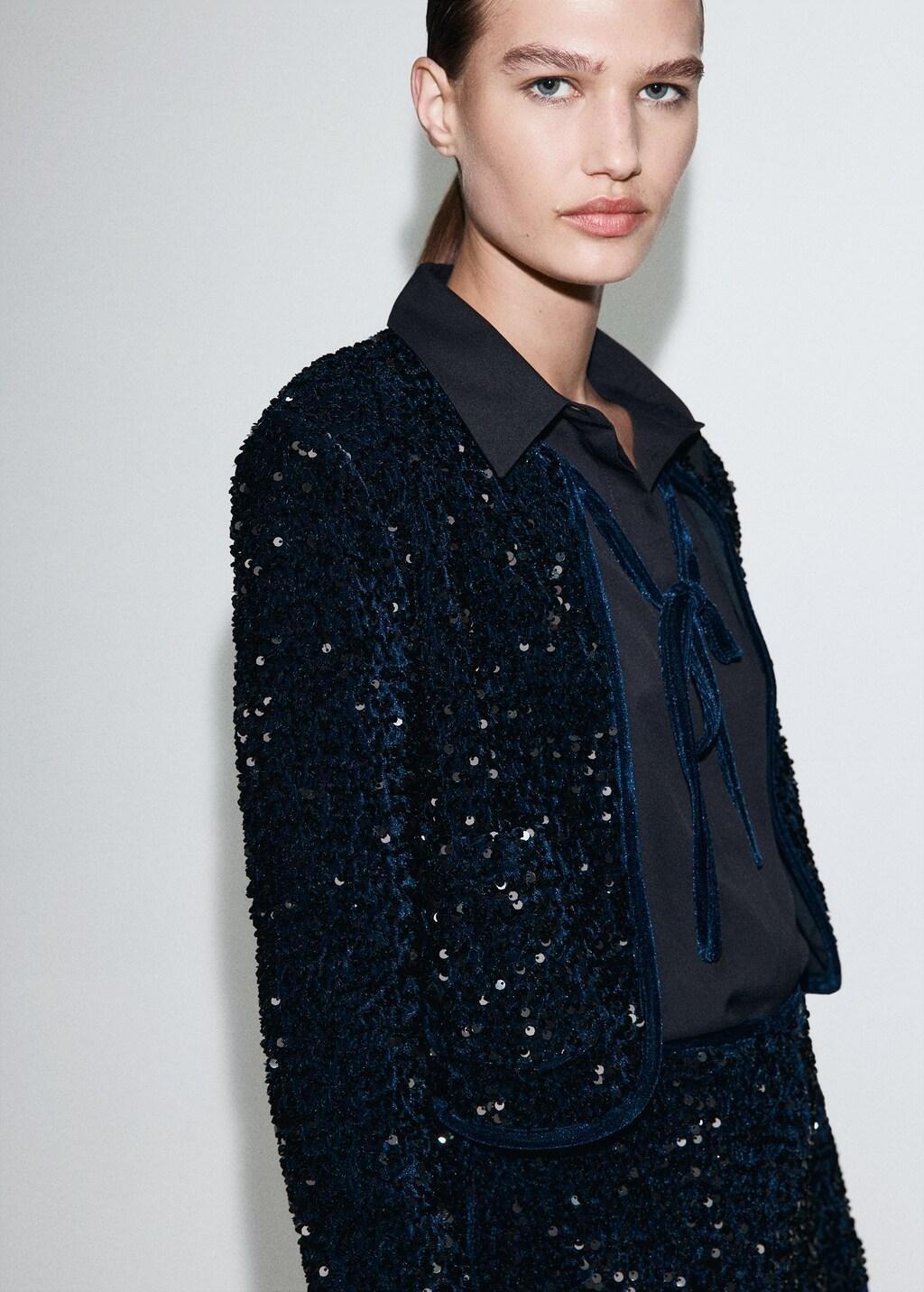 Navy Velvet Jacket With Sequins And Bow, 0201_56, large image number 3