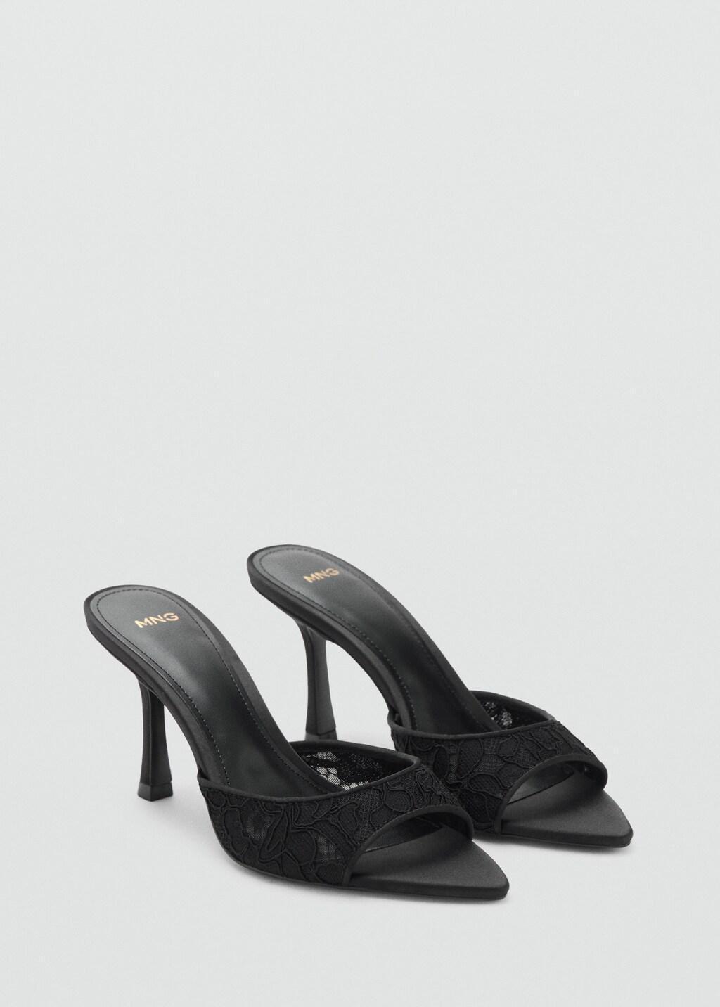 Black Lace Heeled Sandals, Black, medium