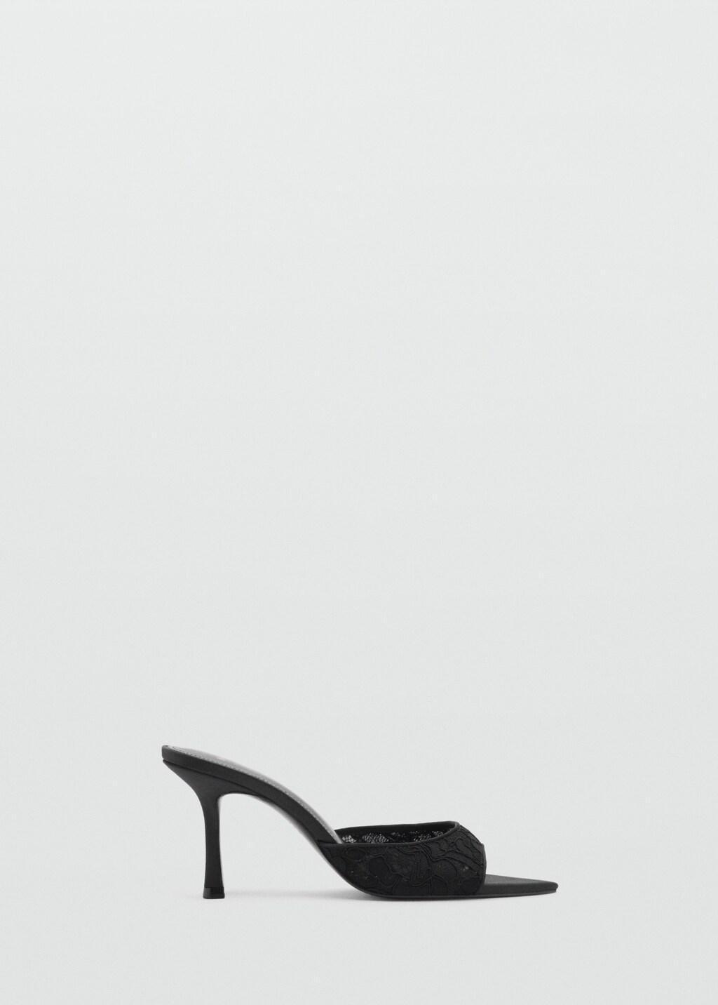 Black Lace Heeled Sandals, Black, medium
