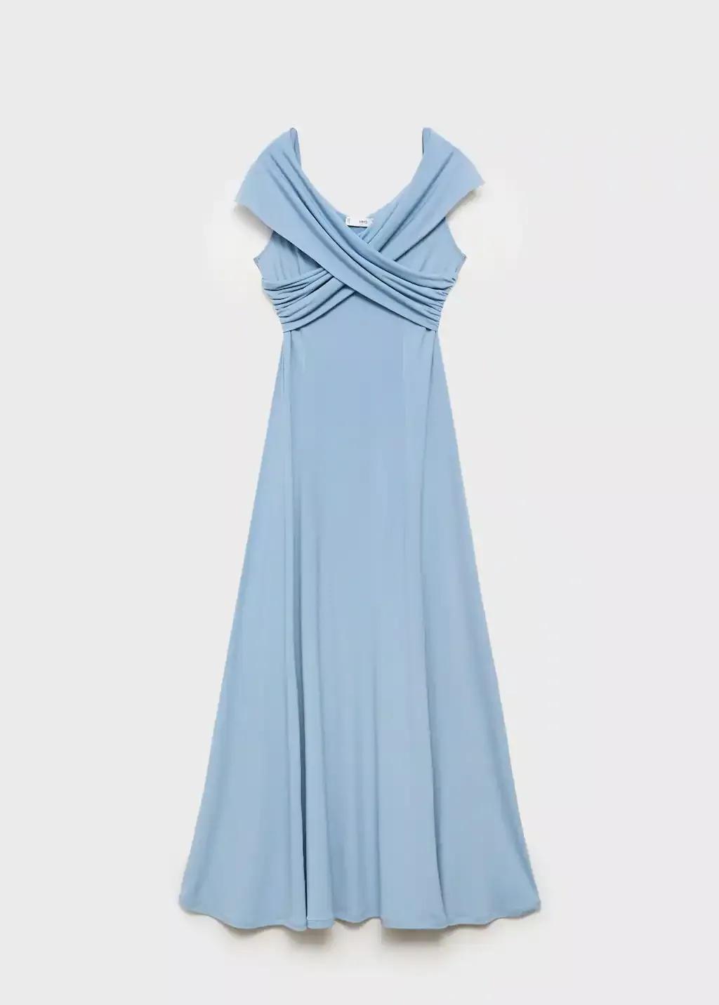 Blue A-Line Dress With Crossover Neckline, , large image number 0