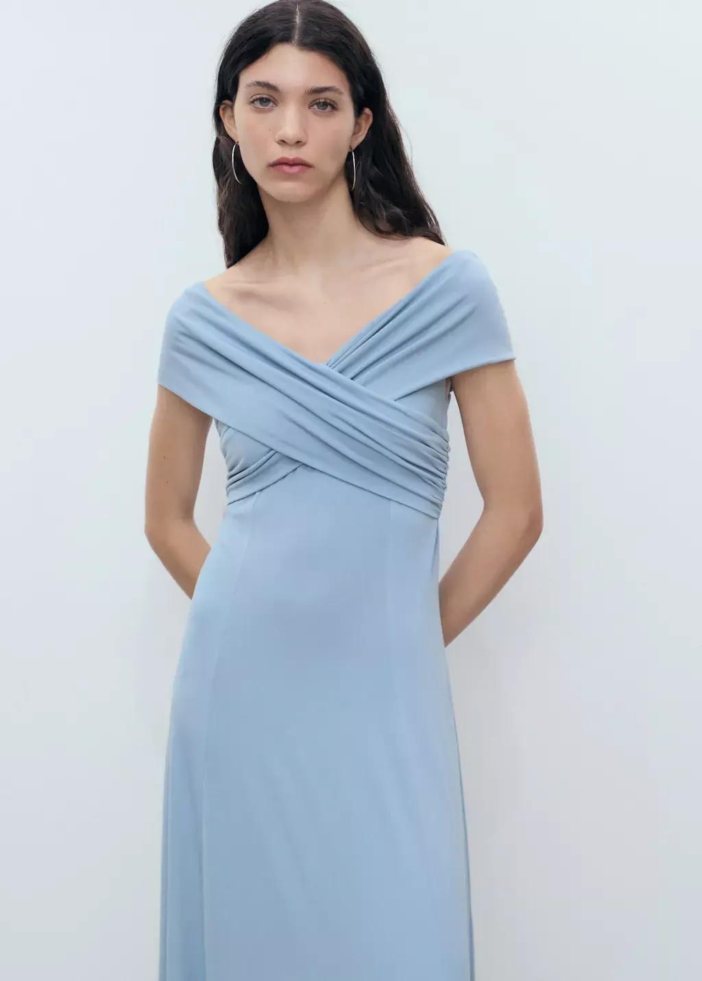 Blue A-Line Dress With Crossover Neckline, , large image number 1