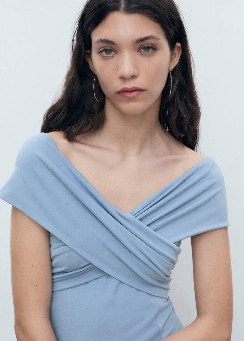 Blue A-Line Dress With Crossover Neckline, , large image number 2